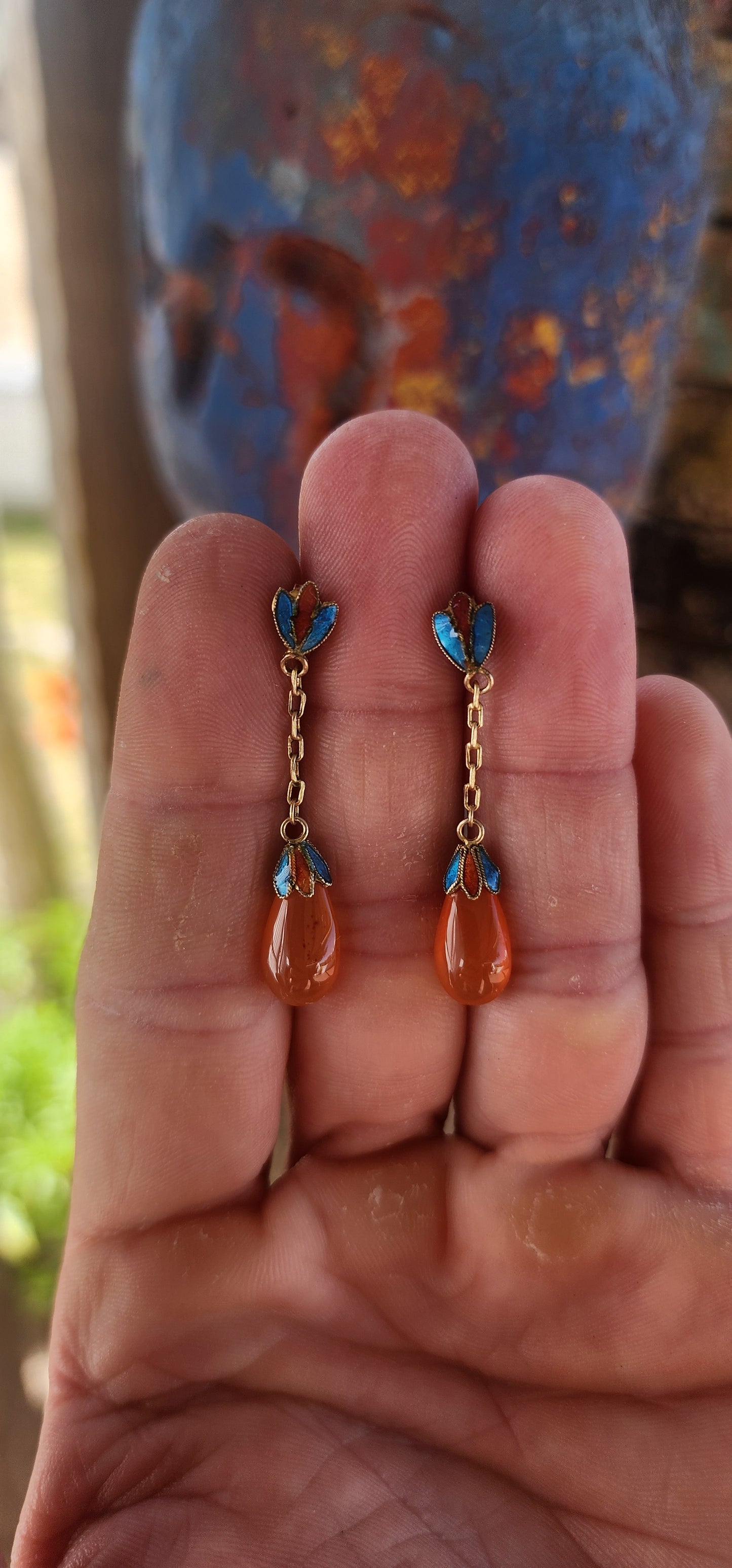 Vintage Chinese/Oriental Revival Sterling Silver Earrings with Carnelian Drops & Enamel Lotus Motifs.