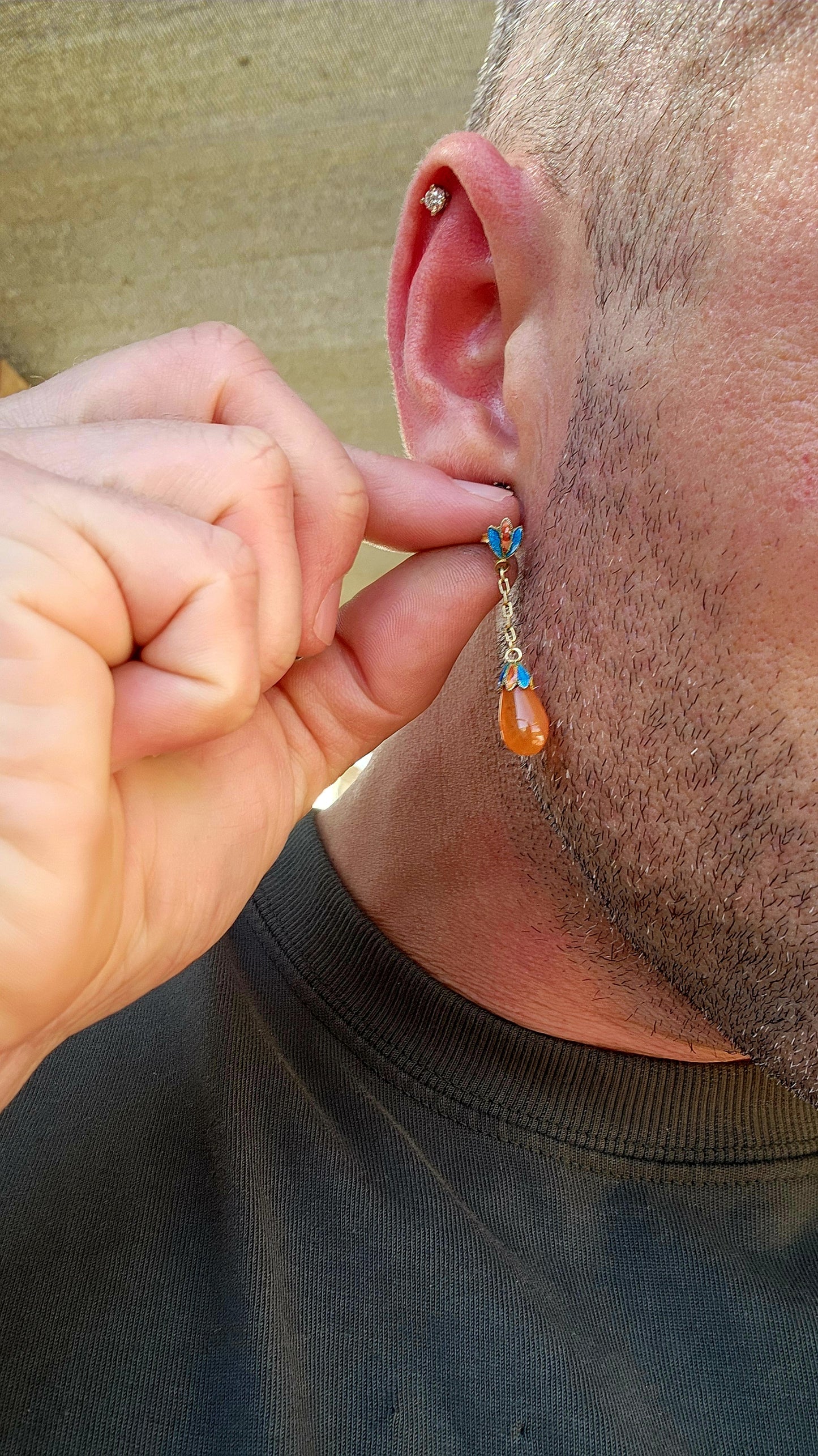 Vintage Chinese/Oriental Revival Sterling Silver Earrings with Carnelian Drops & Enamel Lotus Motifs.