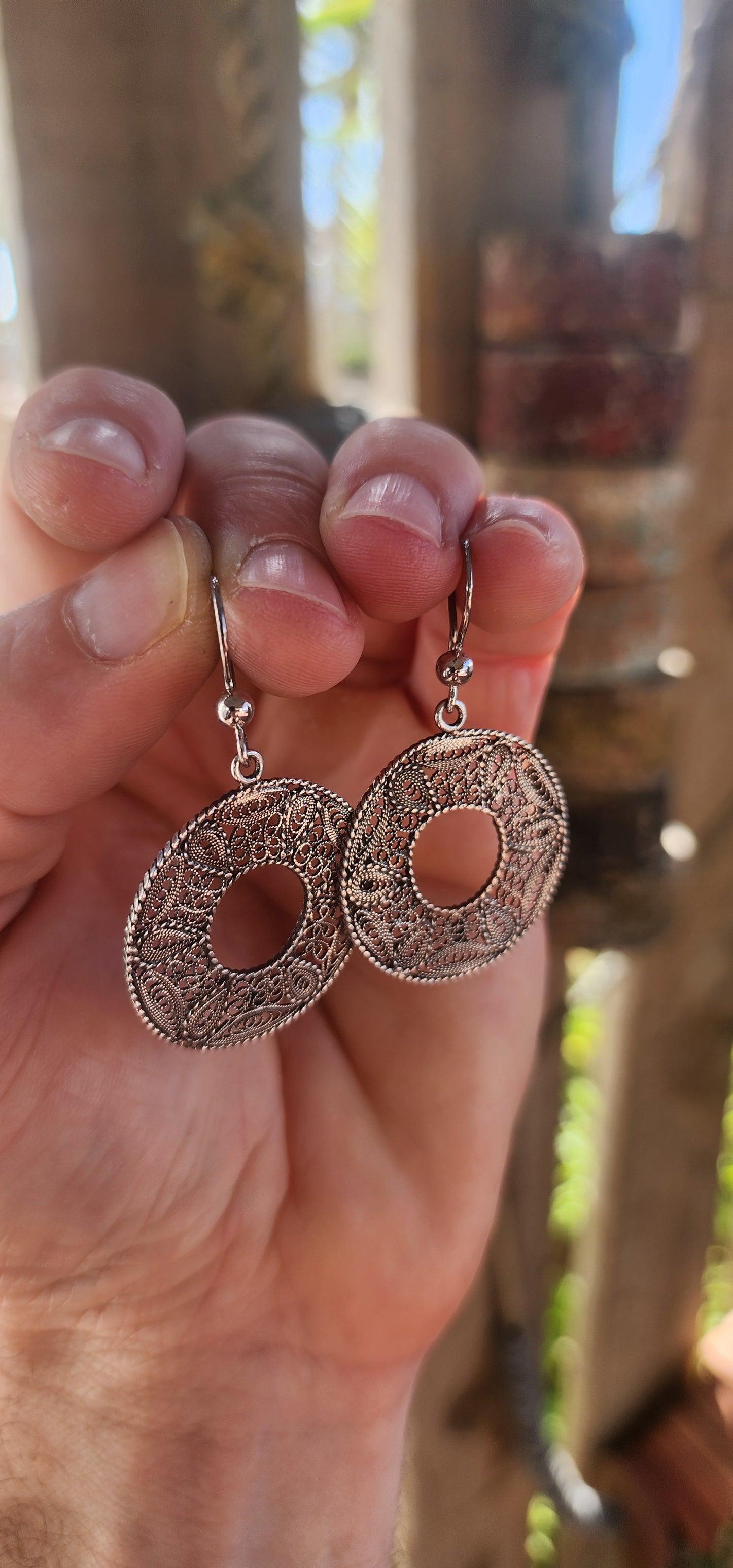 Gorgeous pair of oxidised sterling silver filigree earrings — little round dreamcatchers of sparkle and detail!