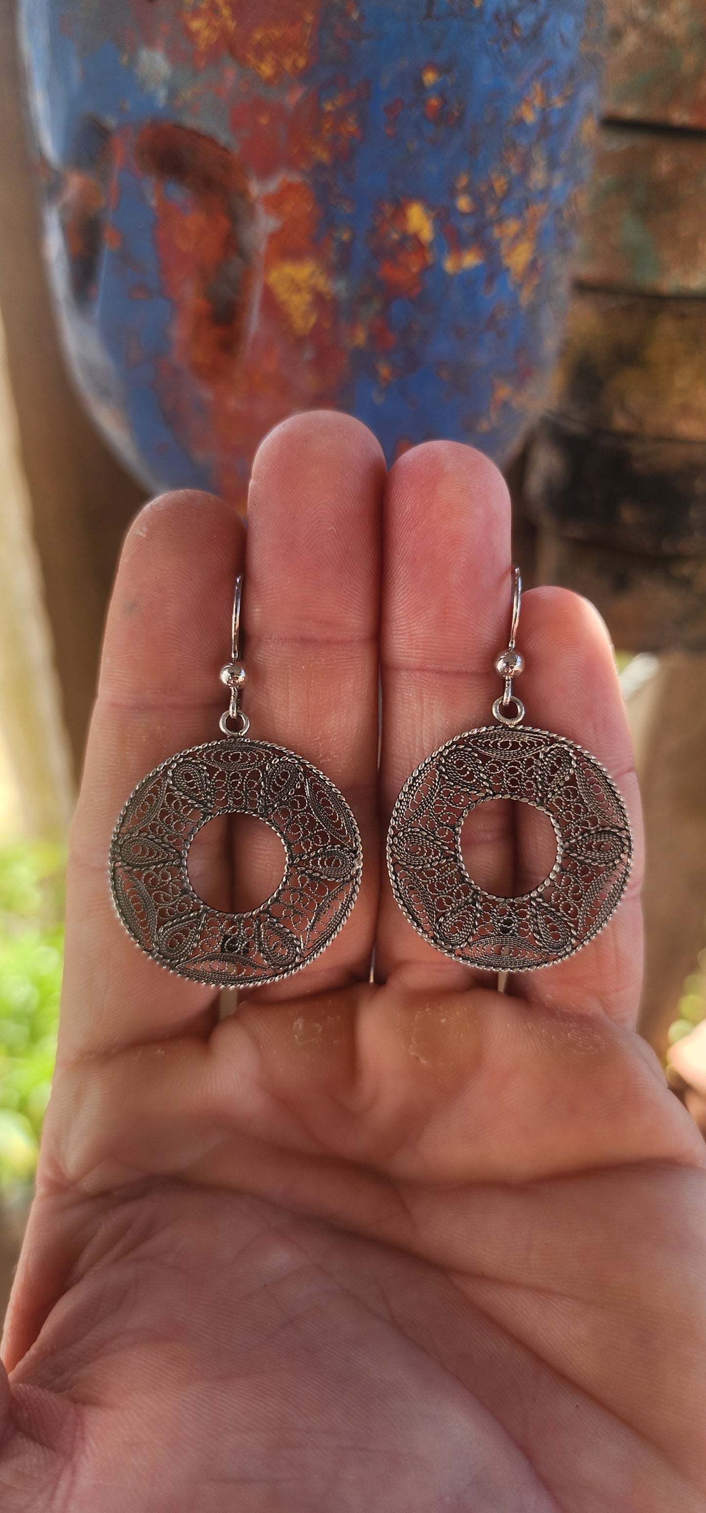 Gorgeous pair of oxidised sterling silver filigree earrings — little round dreamcatchers of sparkle and detail!