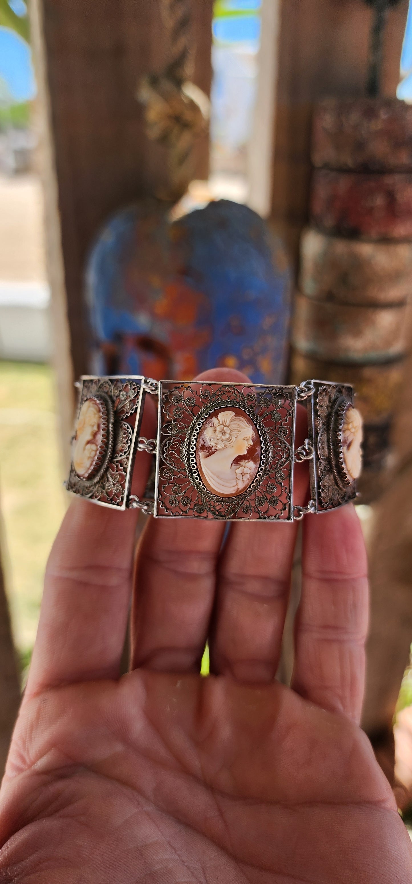 Magnificent and rare vintage Italian made 1940's 800 silver and cameo panel bracelet.