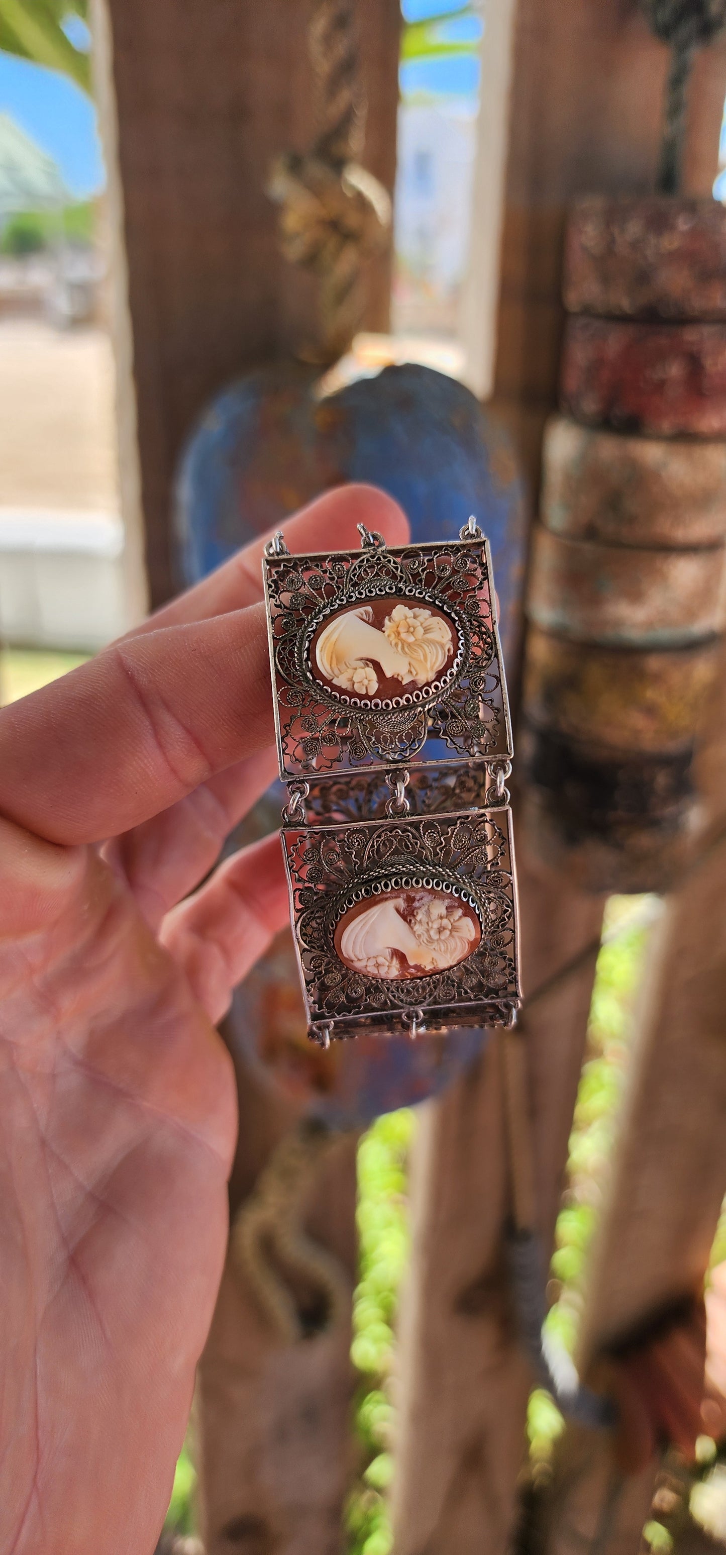 Magnificent and rare vintage Italian made 1940's 800 silver and cameo panel bracelet.