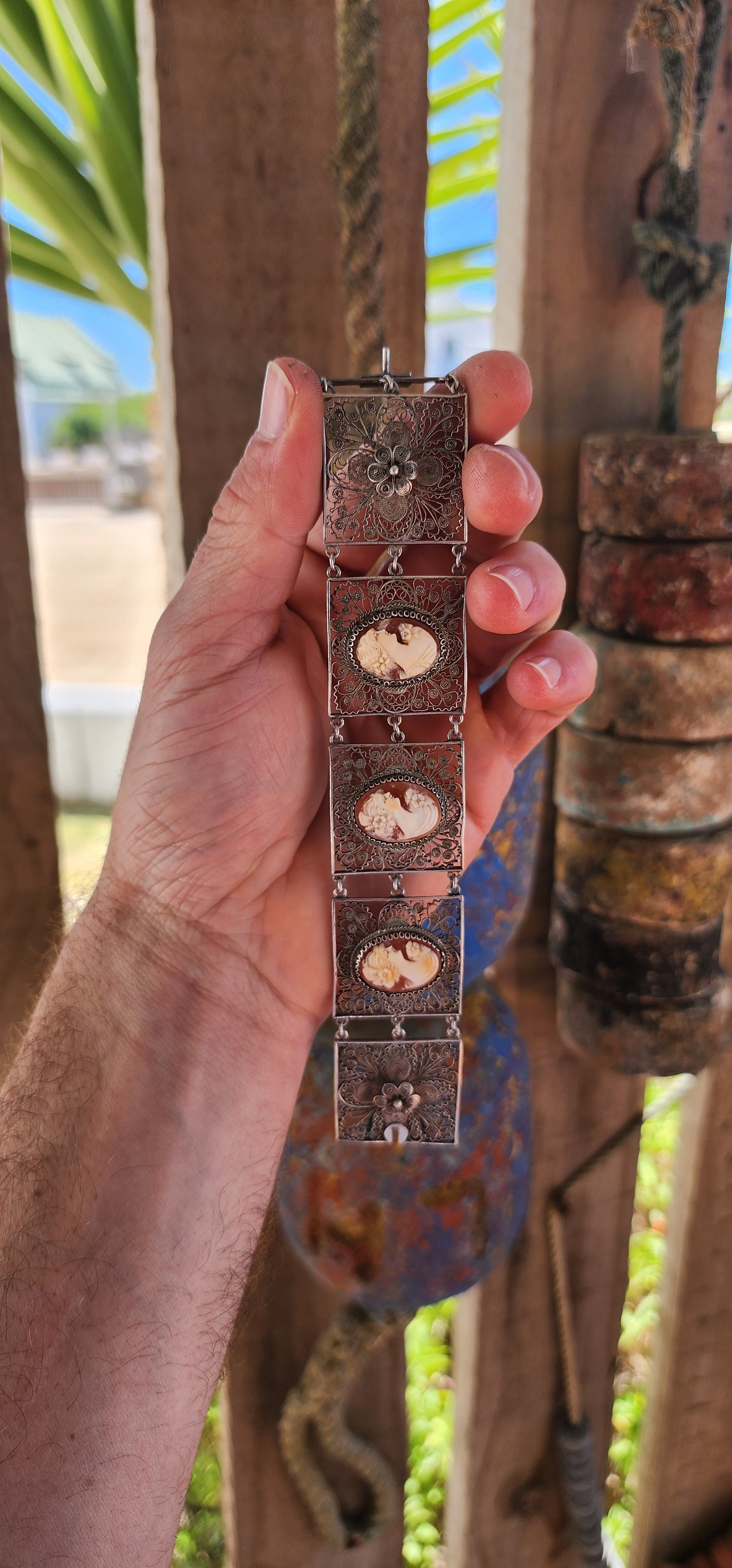 Magnificent and rare vintage Italian made 1940's 800 silver and cameo panel bracelet.