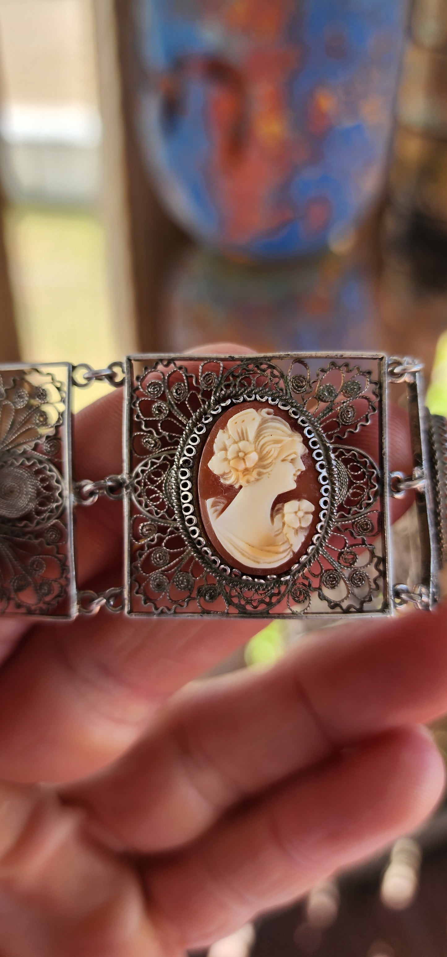 Magnificent and rare vintage Italian made 1940's 800 silver and cameo panel bracelet.