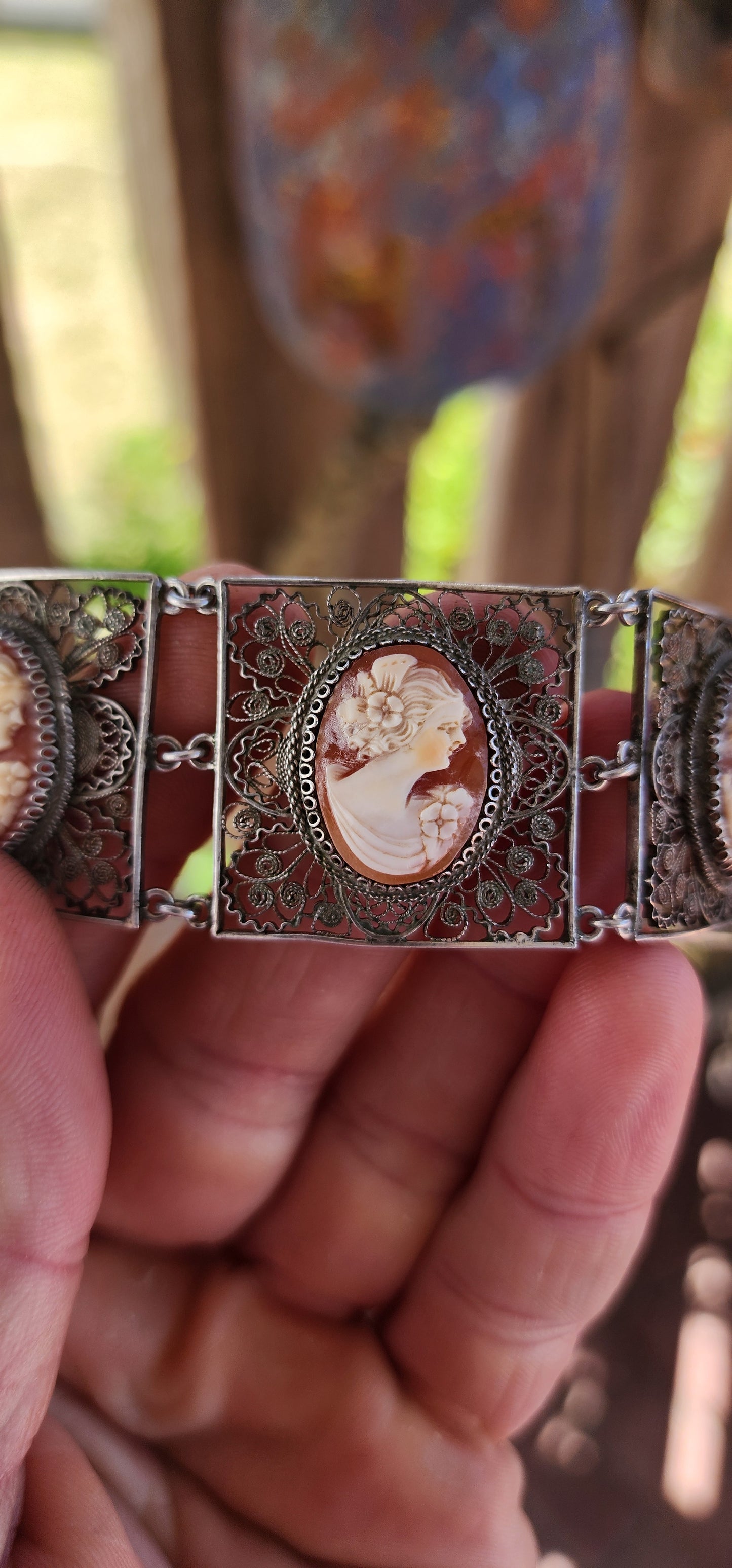 Magnificent and rare vintage Italian made 1940's 800 silver and cameo panel bracelet.