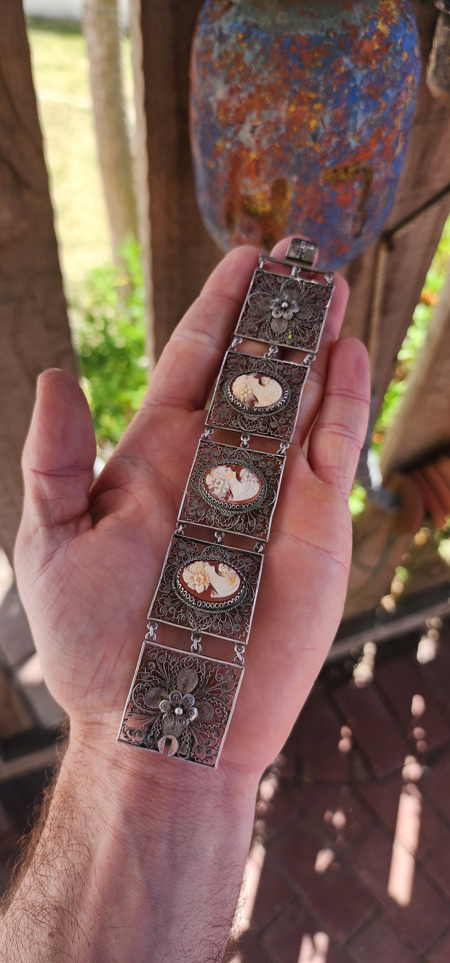 Magnificent and rare vintage Italian made 1940's 800 silver and cameo panel bracelet.