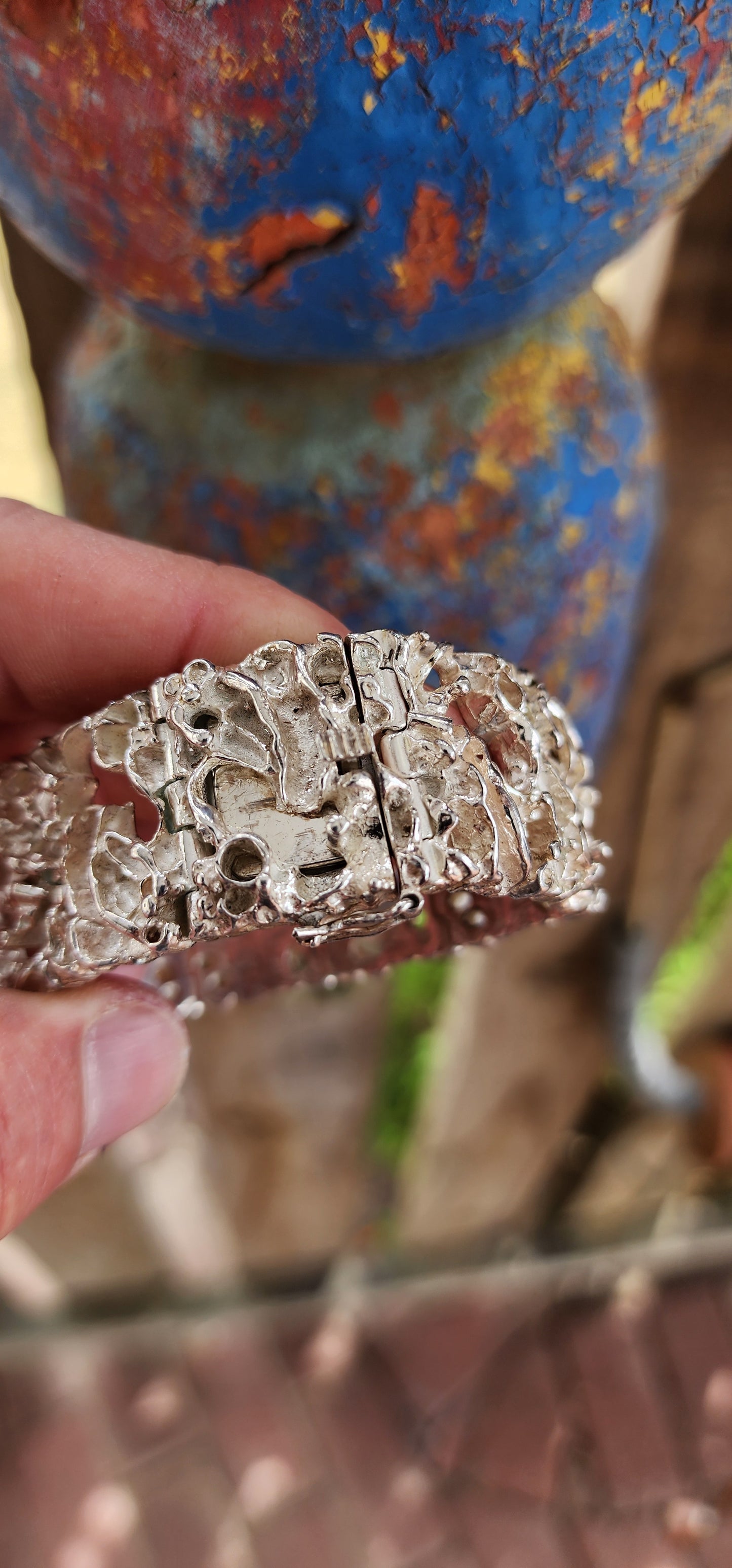 A marvelous and weighty vintage Norwegian designer bracelet from the legendary “Tundra” Collection by celebrated Arctic jewelry artists Frank & Regine Juhls of Kautokeino, Norway.