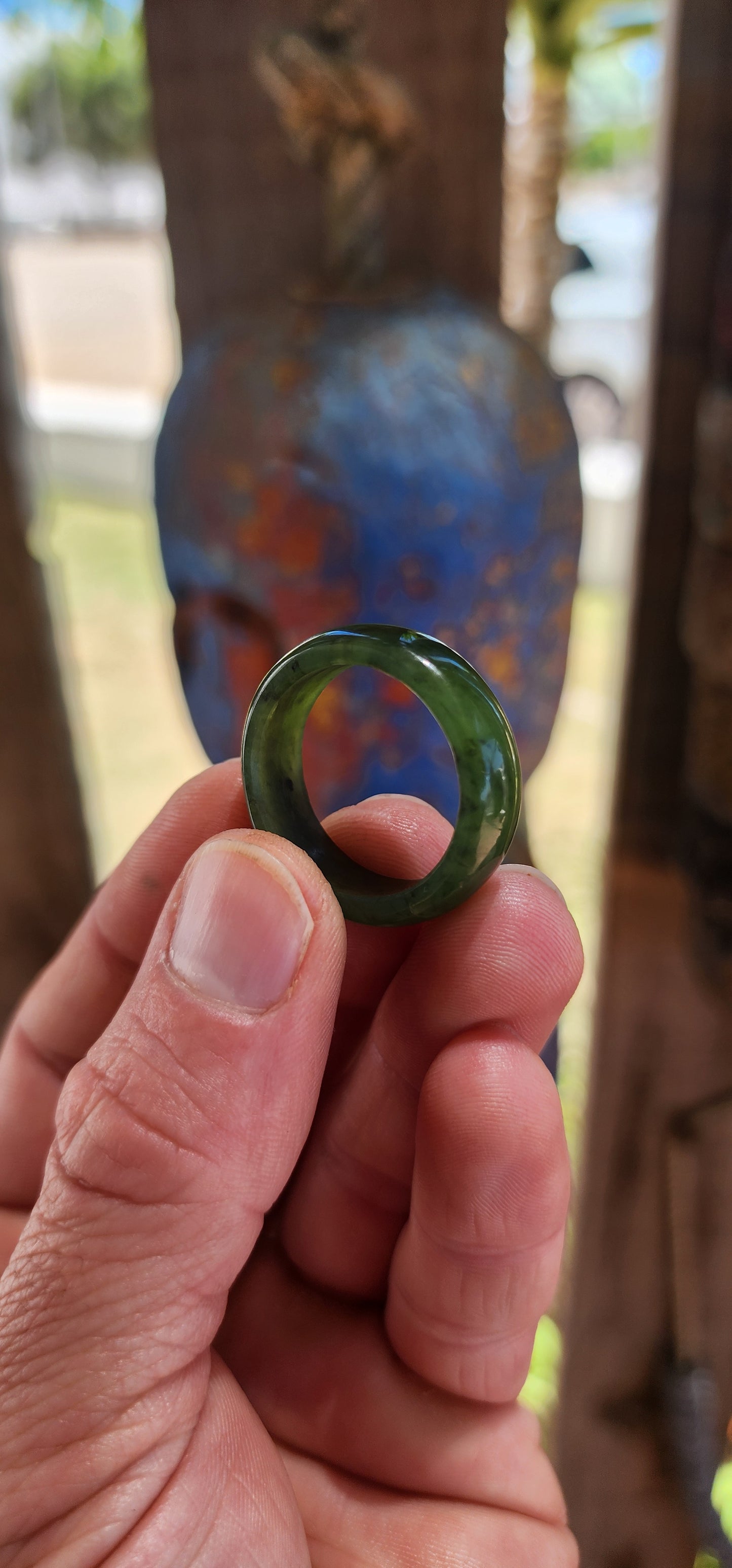 This vintage, chunky solidly carved nephrite spinach jade ring is a true talisman piece — powerful in presence yet wonderfully organic in feel.