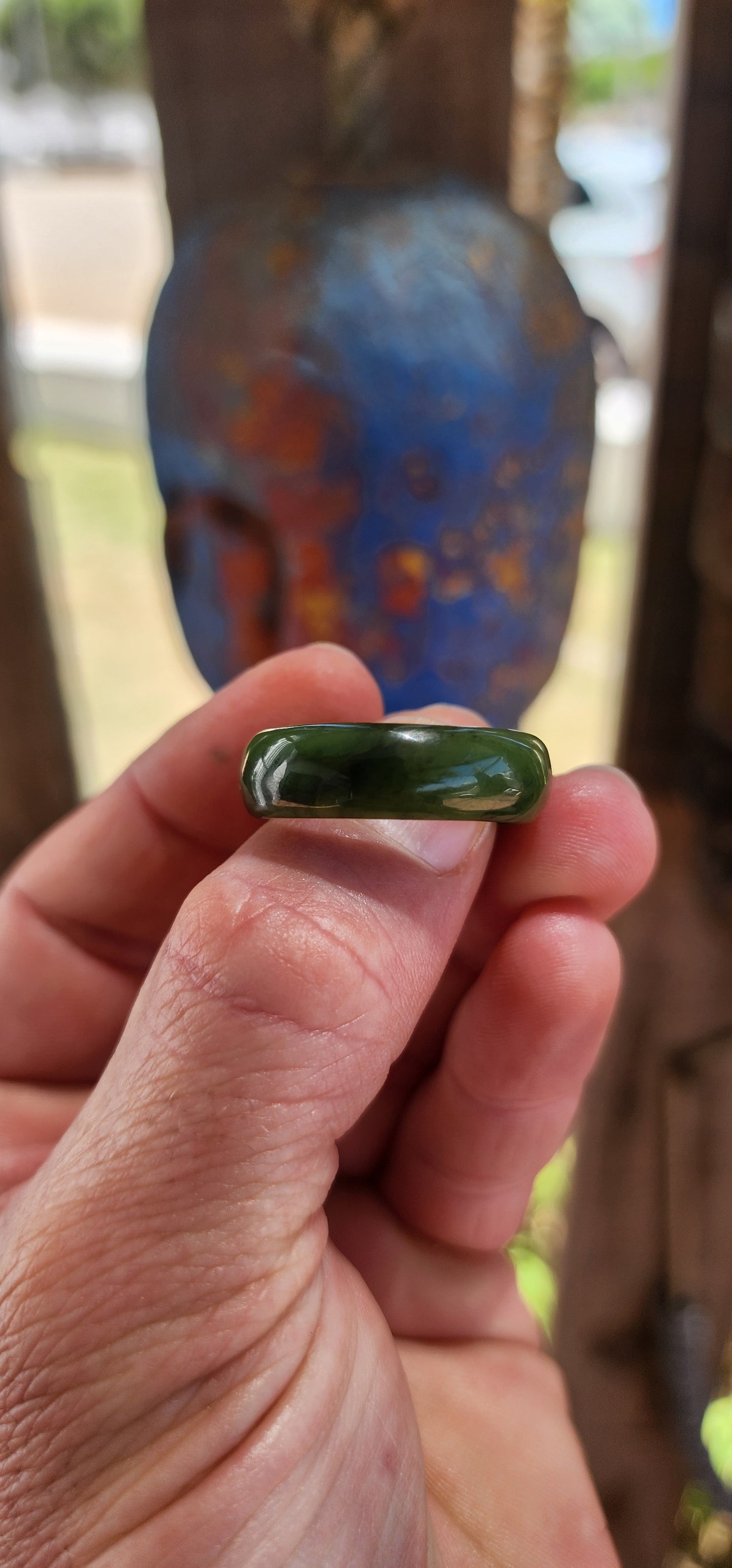 This vintage, chunky solidly carved nephrite spinach jade ring is a true talisman piece — powerful in presence yet wonderfully organic in feel.