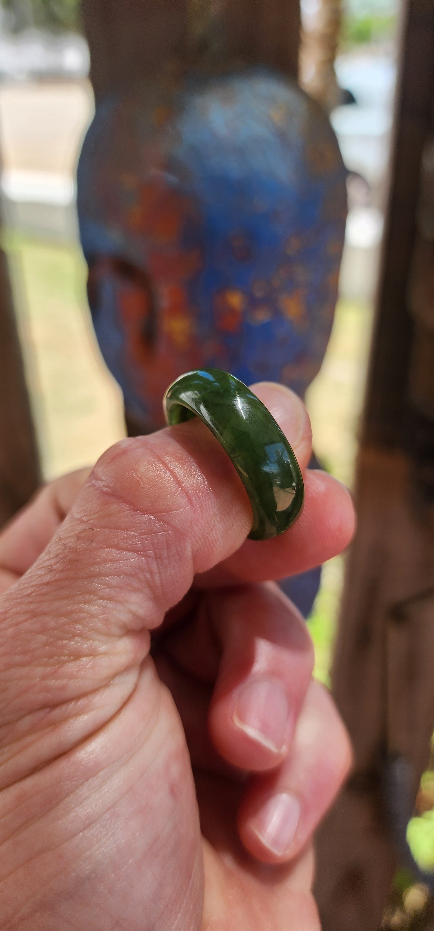 This vintage, chunky solidly carved nephrite spinach jade ring is a true talisman piece — powerful in presence yet wonderfully organic in feel.