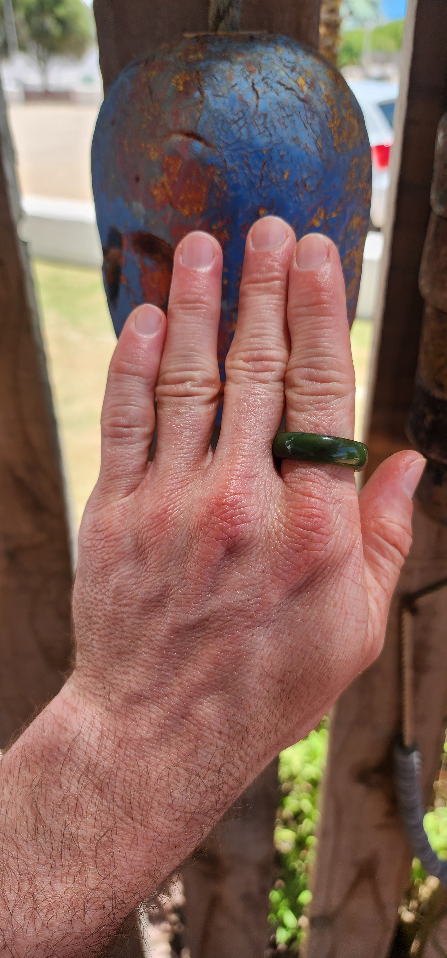 This vintage, chunky solidly carved nephrite spinach jade ring is a true talisman piece — powerful in presence yet wonderfully organic in feel.