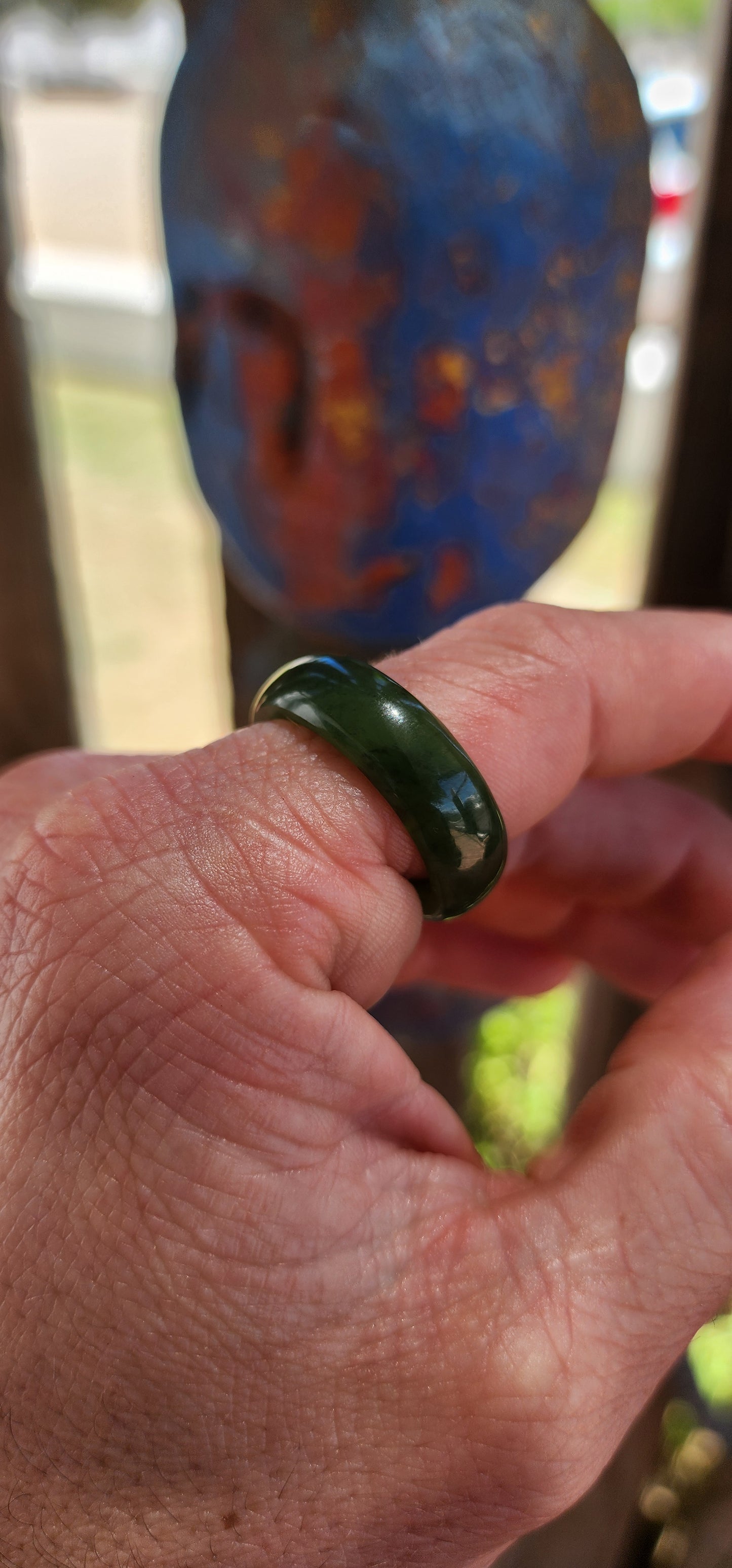 This vintage, chunky solidly carved nephrite spinach jade ring is a true talisman piece — powerful in presence yet wonderfully organic in feel.