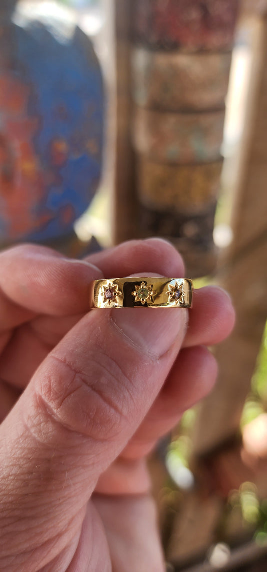 A soulful treasure with old-world charm and a joyful burst of colour. This striking unisex gypsy-style ring is crafted in solid sterling silver and luxuriously finished with a rich, buttery layer of 18ct yellow gold plating.