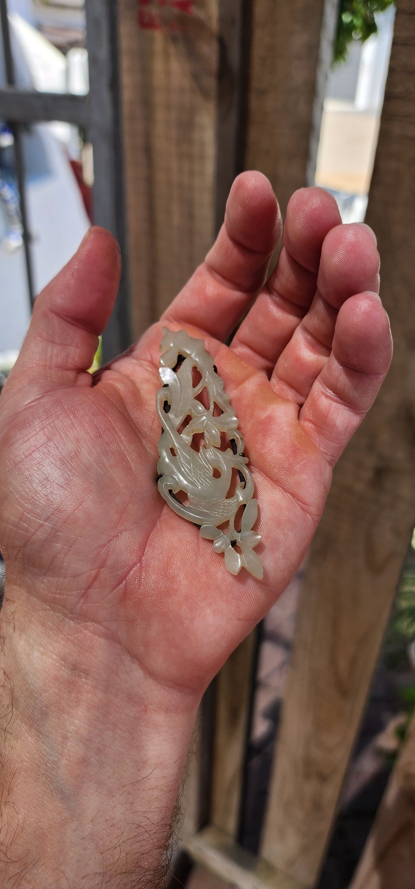 A truly soulful treasure from Imperial China, this generously sized pendant is exquisitely hand-carved from pale celadon Hetian (Hotan) jade and dates to the Qing Dynasty (circa mid–late 19th century, approx. 1800s).
