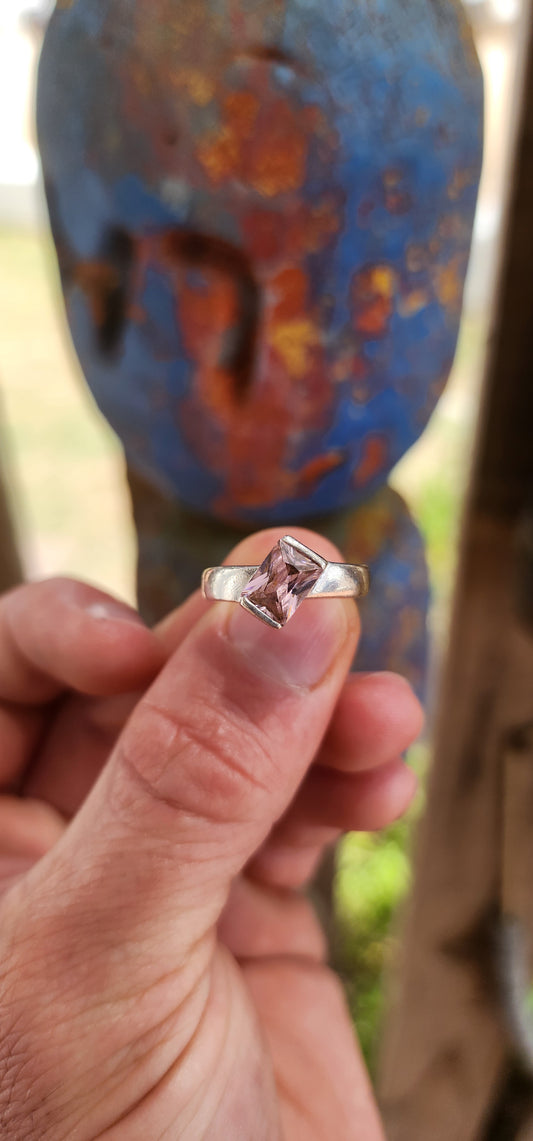 Modernist Sterling Silver Pink CZ Solitaire Ring.