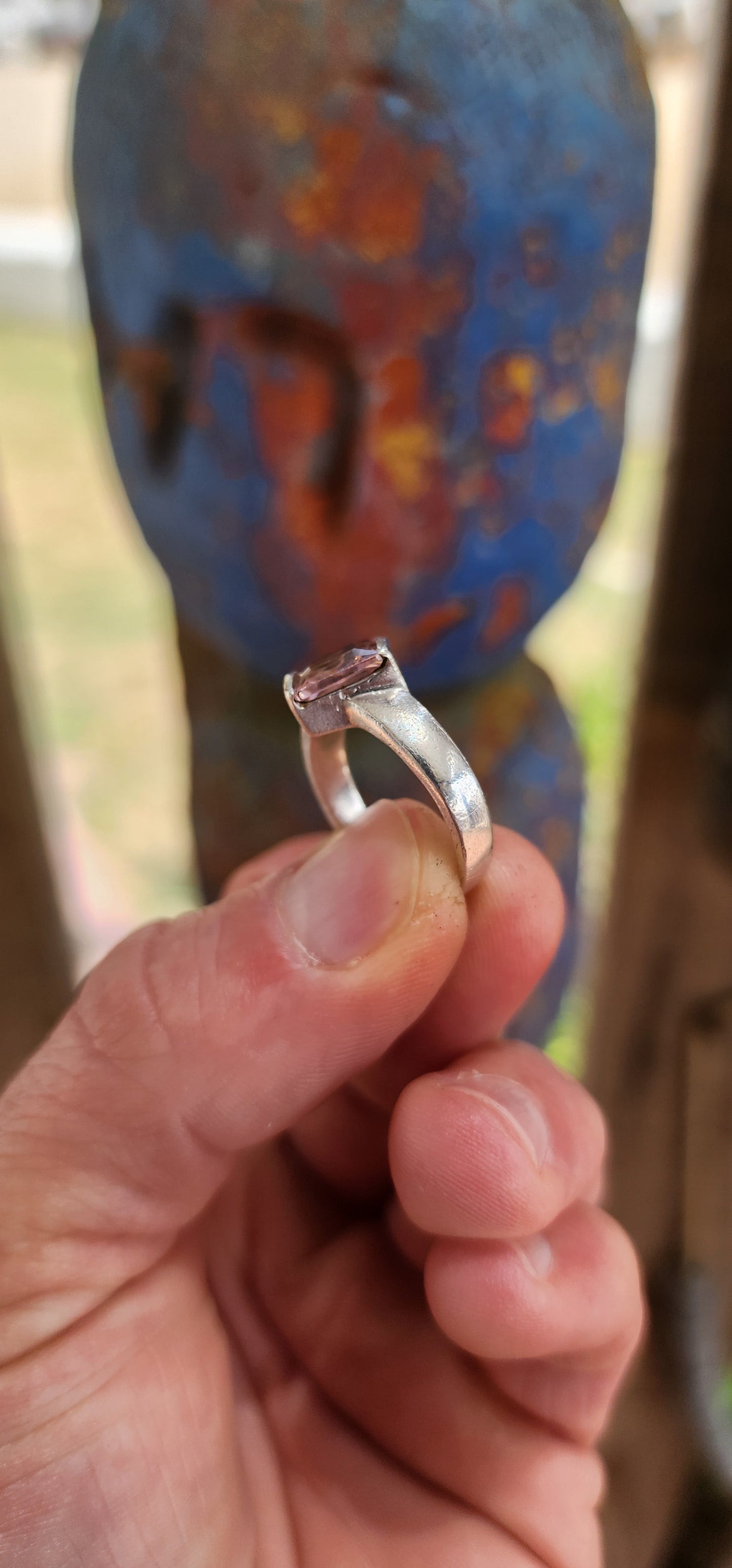 Modernist Sterling Silver Pink CZ Solitaire Ring.