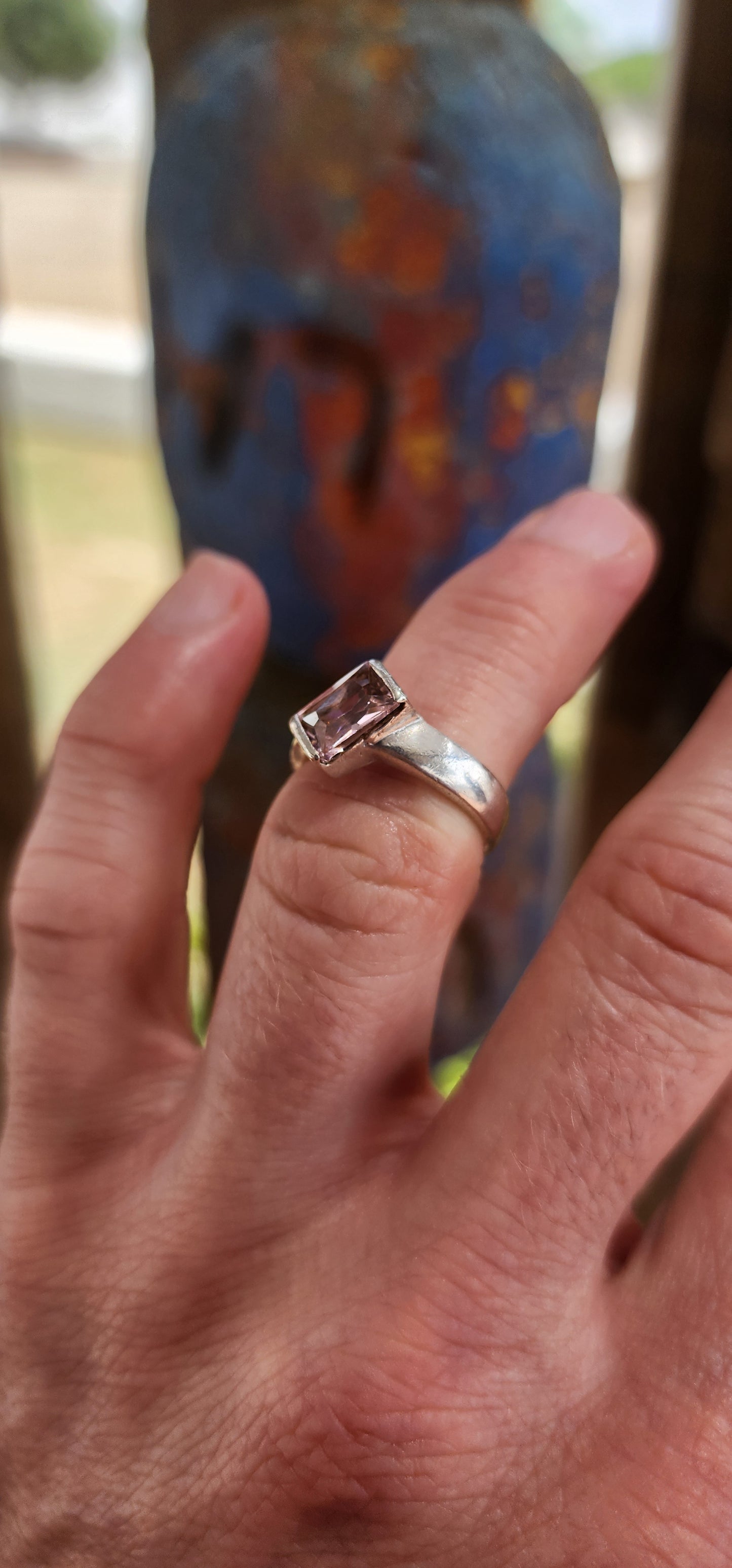 Modernist Sterling Silver Pink CZ Solitaire Ring.
