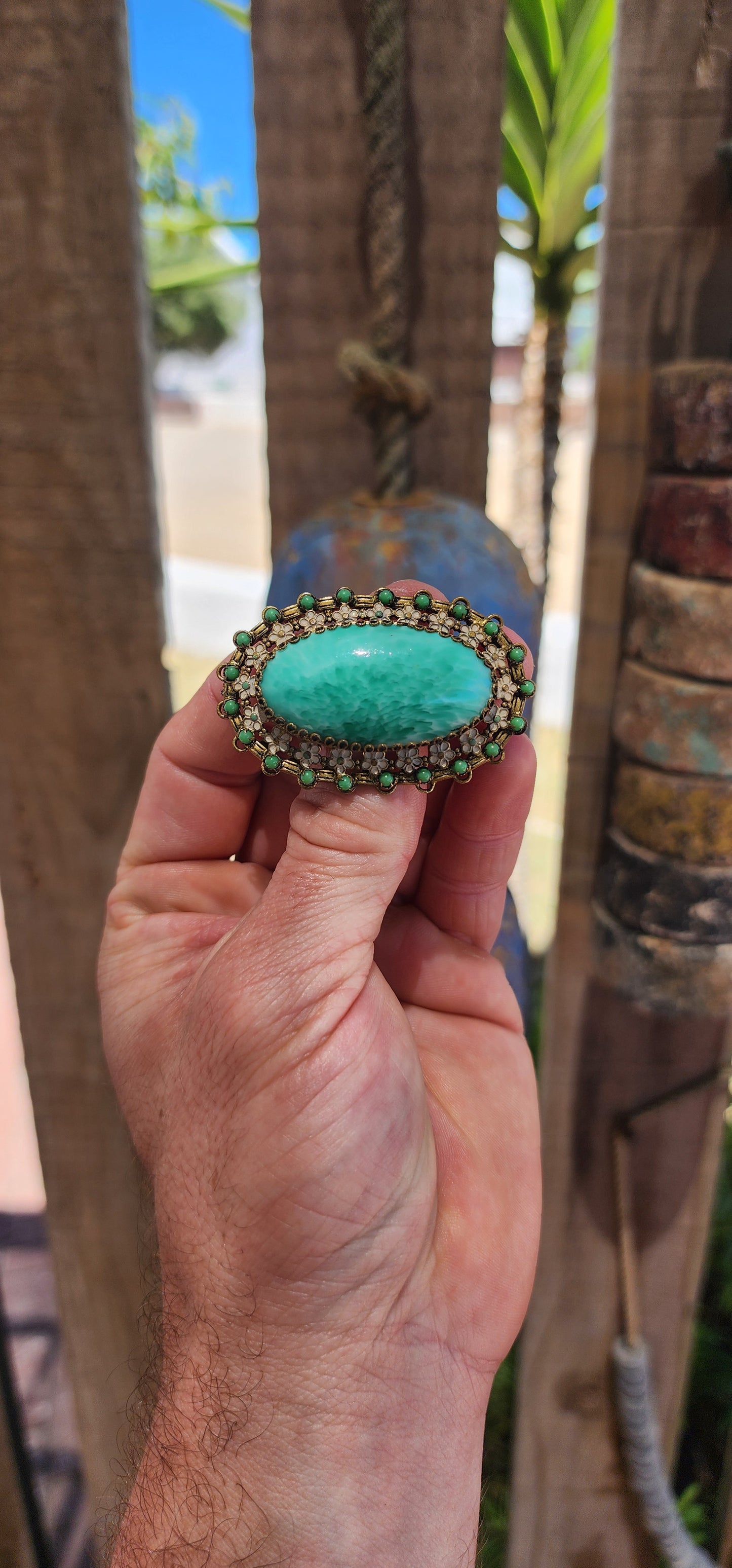 RARE 1920s Czech Peking Glass & Enamel Floral Brooch.