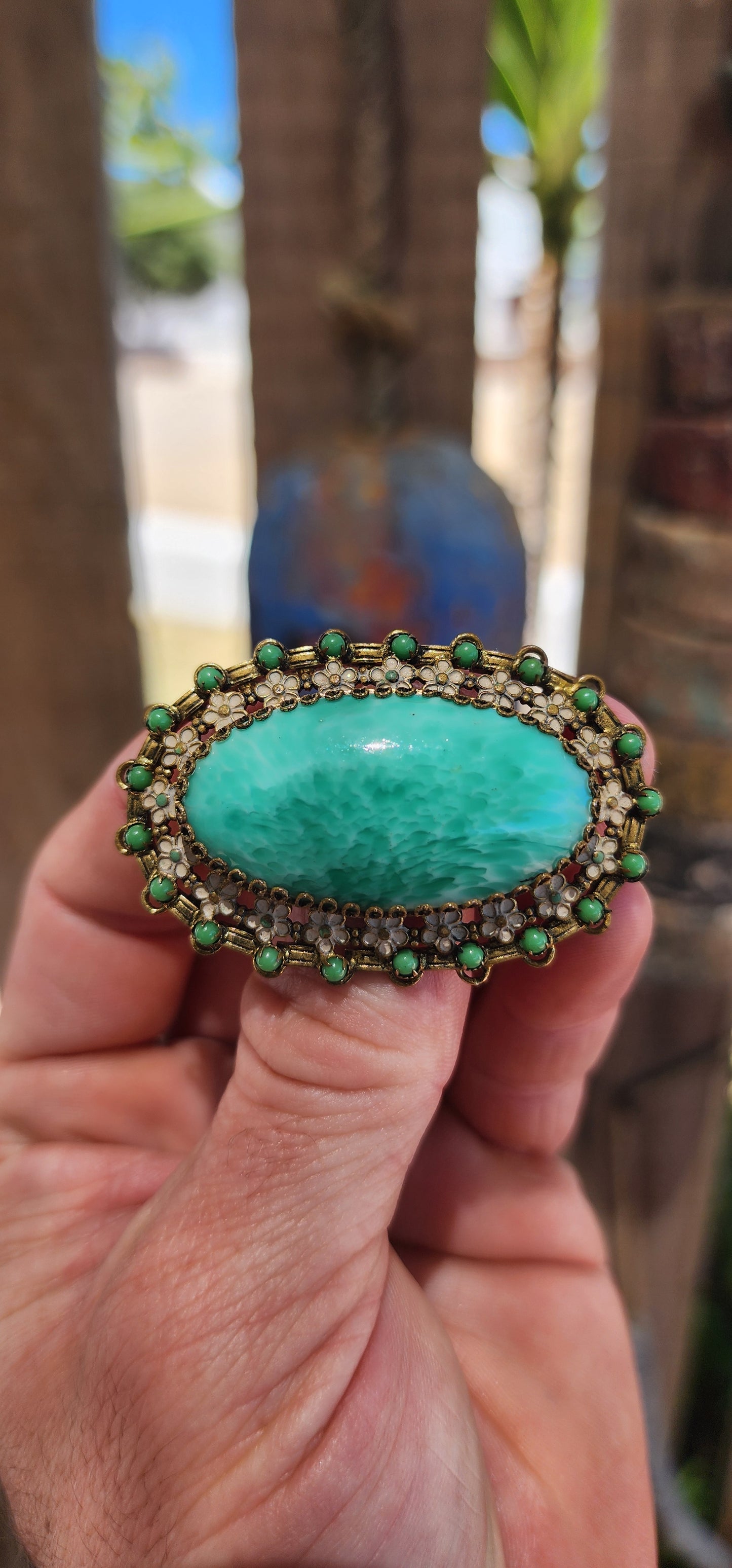 RARE 1920s Czech Peking Glass & Enamel Floral Brooch.
