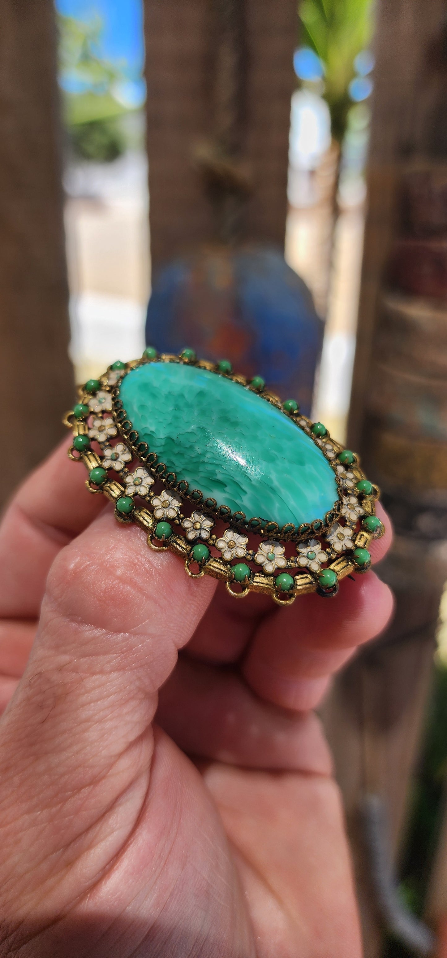RARE 1920s Czech Peking Glass & Enamel Floral Brooch.