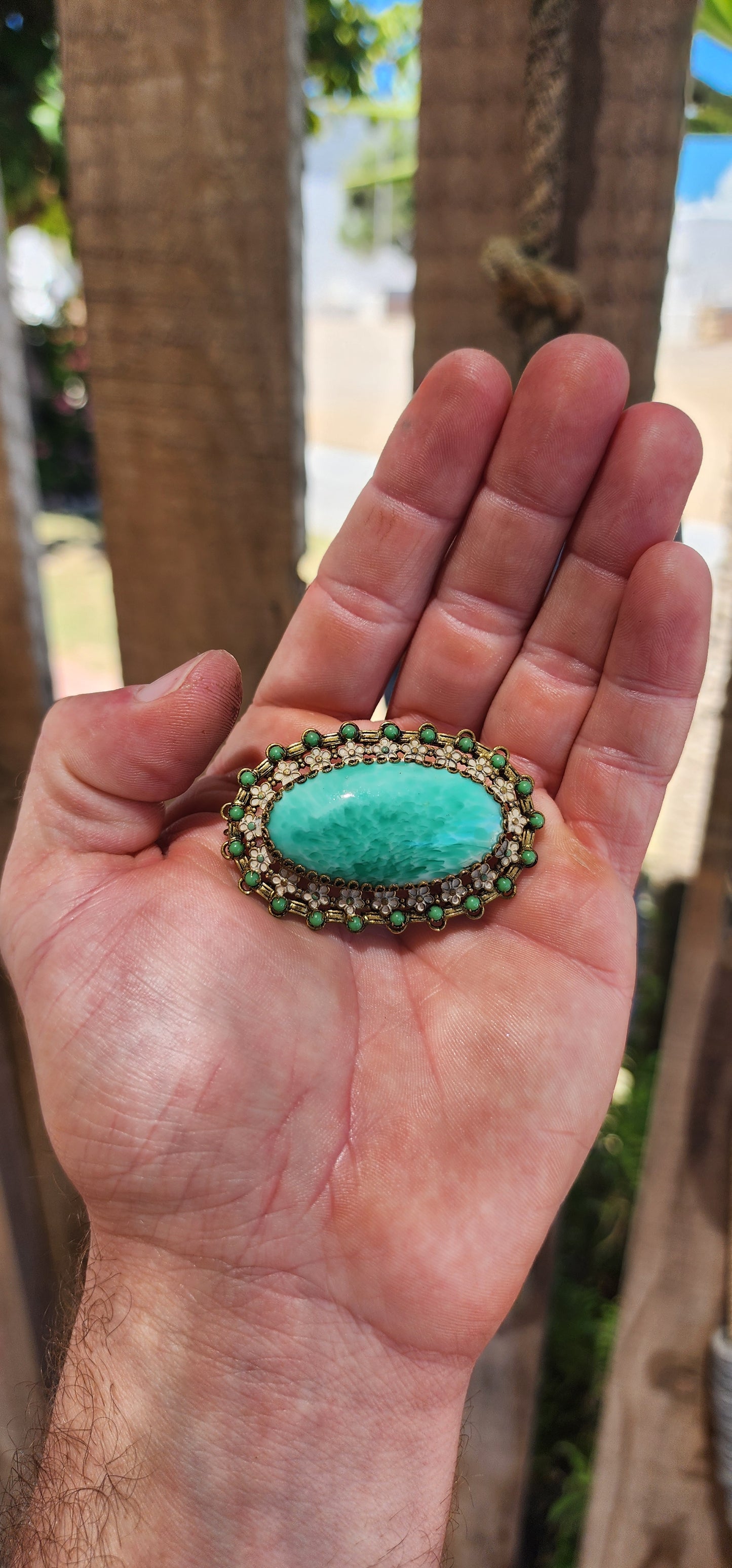RARE 1920s Czech Peking Glass & Enamel Floral Brooch.