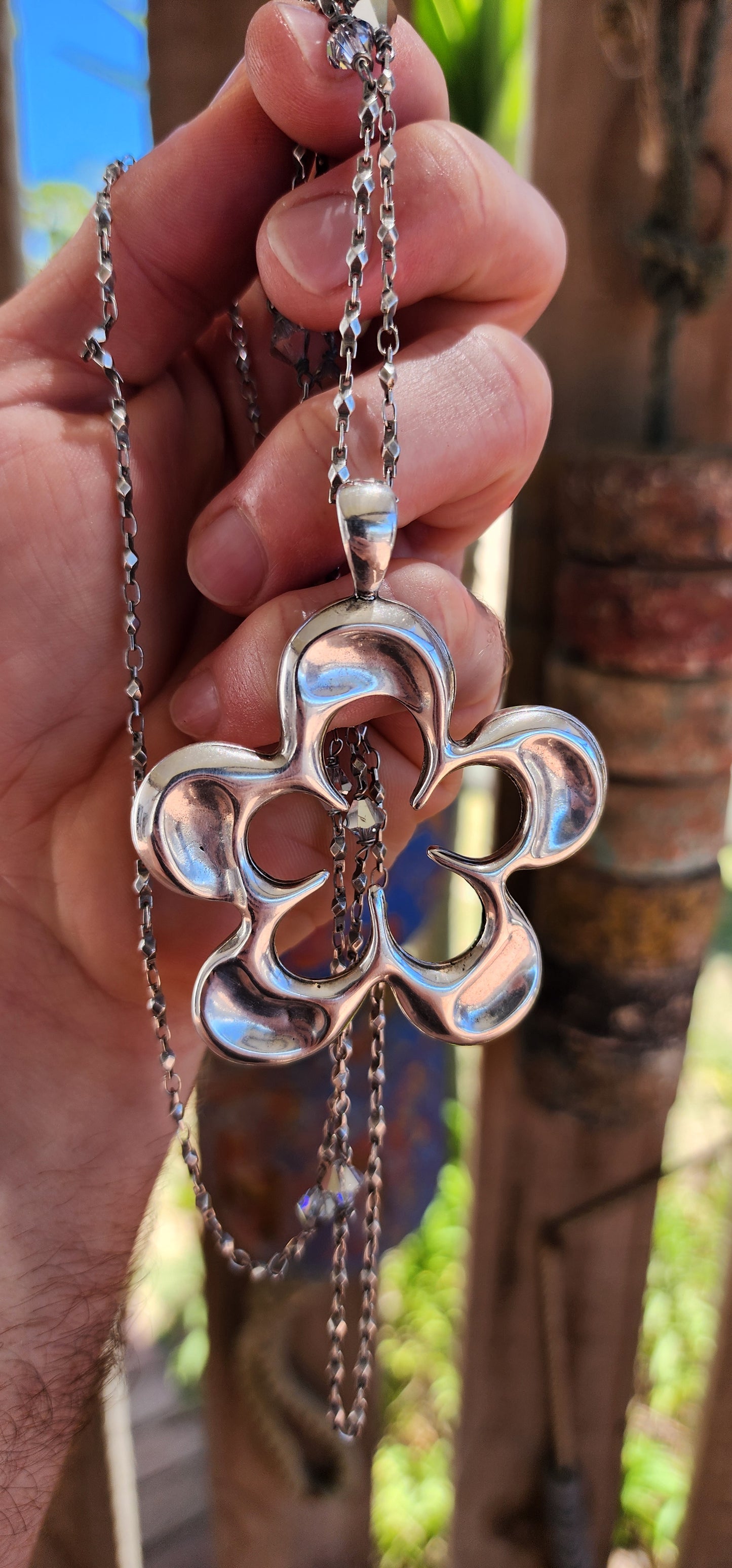 Oversized Sterling Silver Flower Pendant Necklace (Swarovski Crystal Accent Chain).