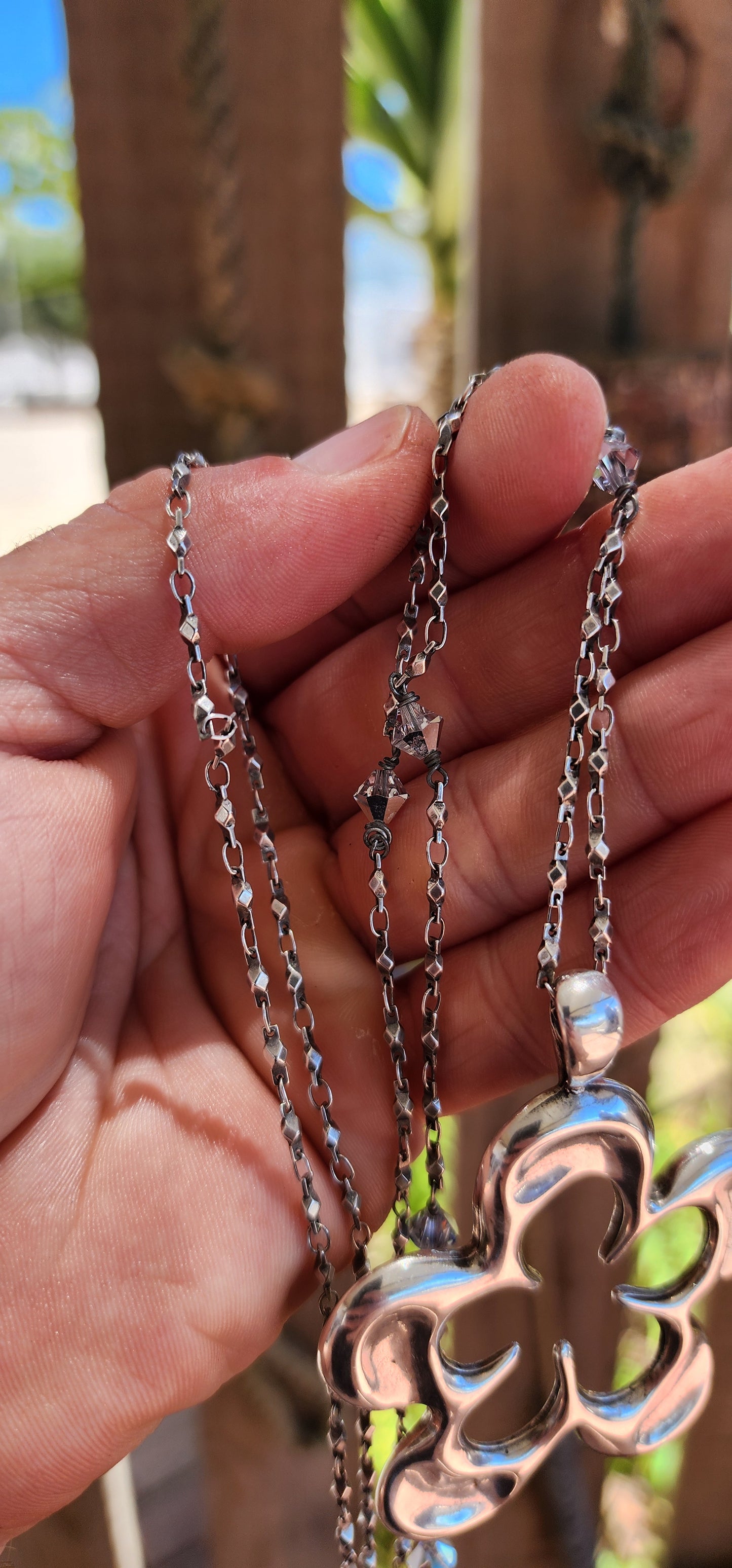 Oversized Sterling Silver Flower Pendant Necklace (Swarovski Crystal Accent Chain).