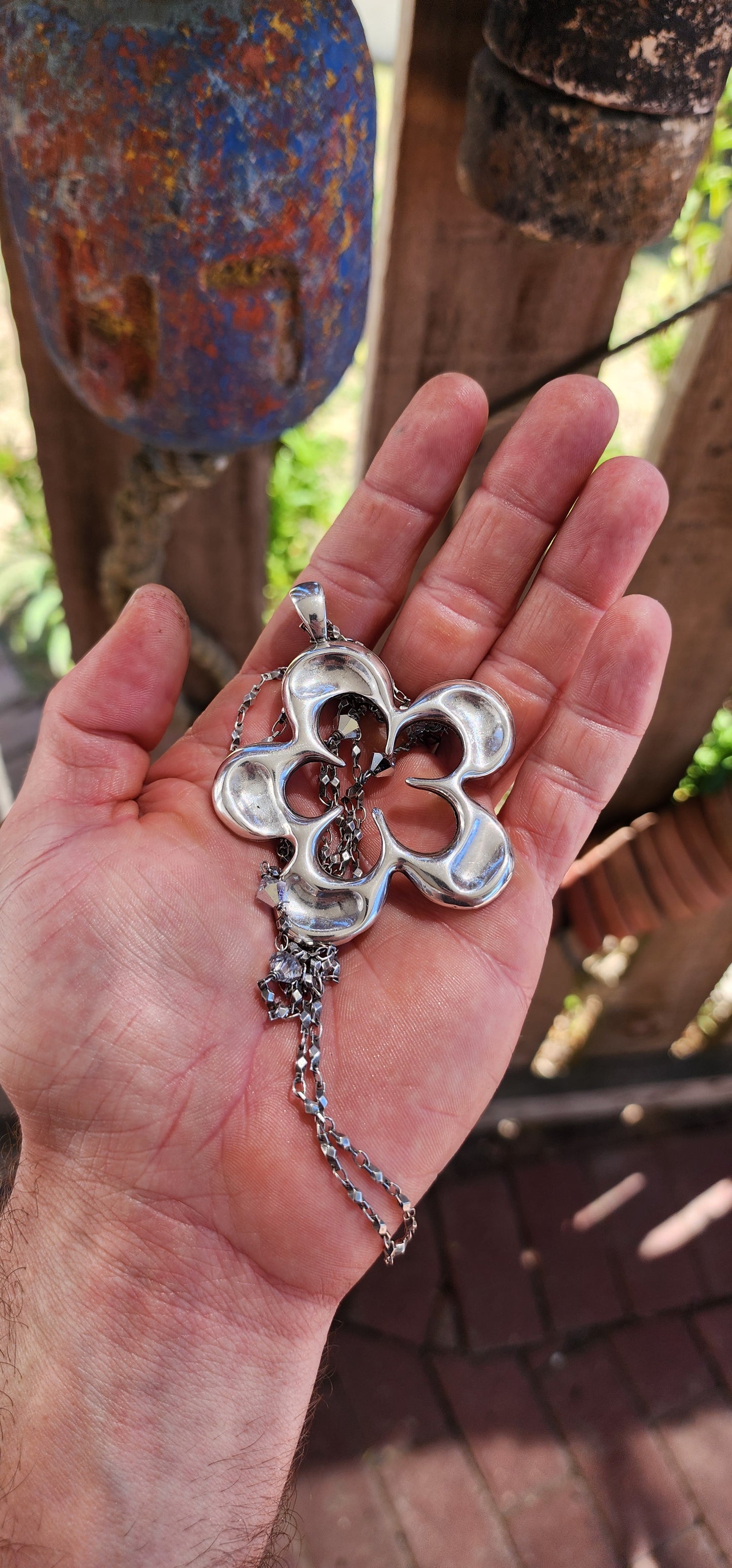 Oversized Sterling Silver Flower Pendant Necklace (Swarovski Crystal Accent Chain).