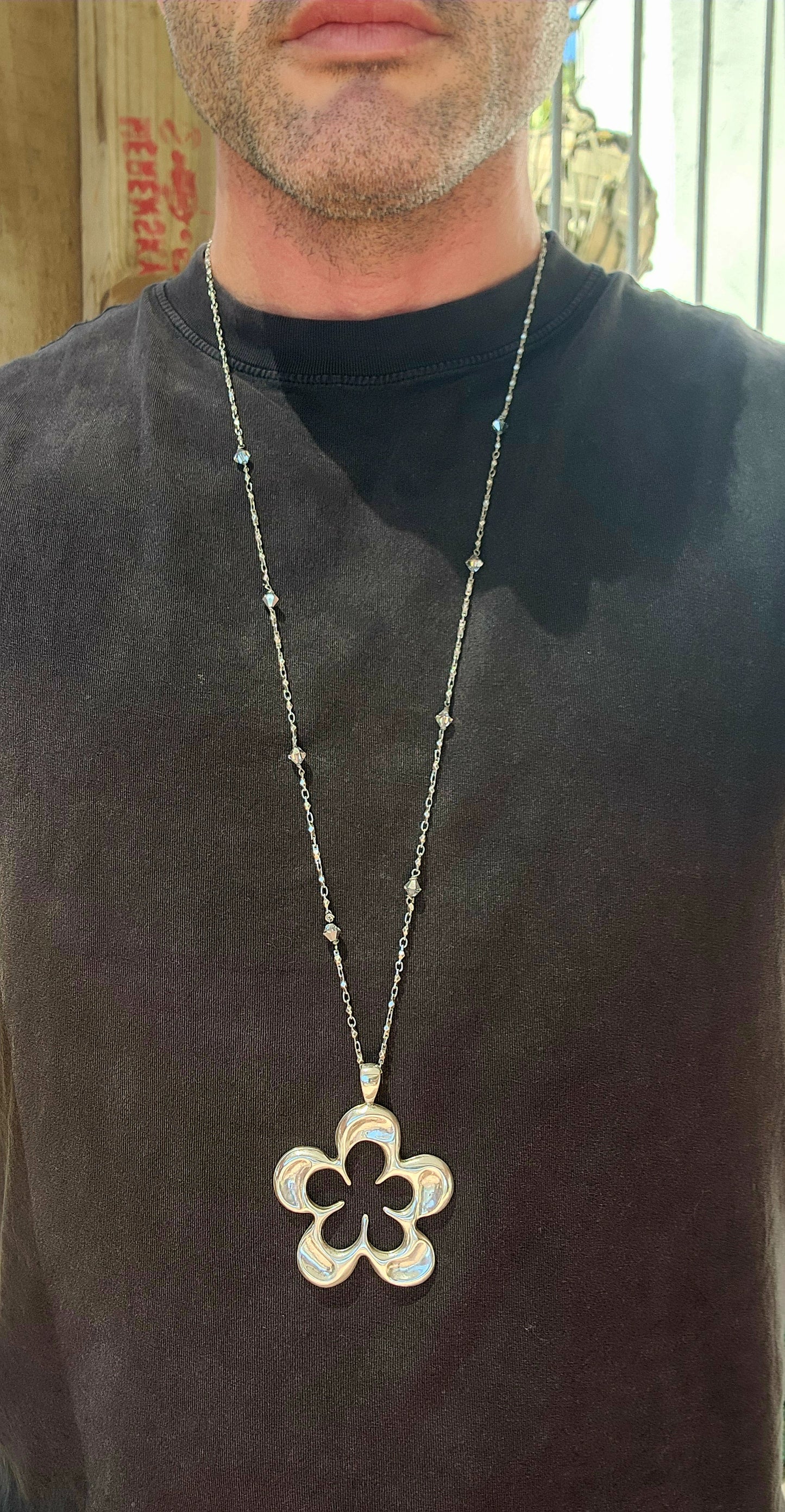 Oversized Sterling Silver Flower Pendant Necklace (Swarovski Crystal Accent Chain).