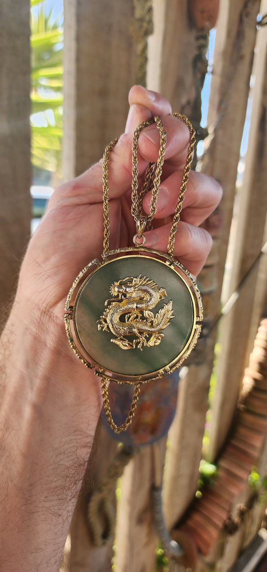 Talk about a wearable treasure! This marvelous oversized vintage 1980’s oriental-themed costume pendant is a bold, talismanic statement piece with serious presence.