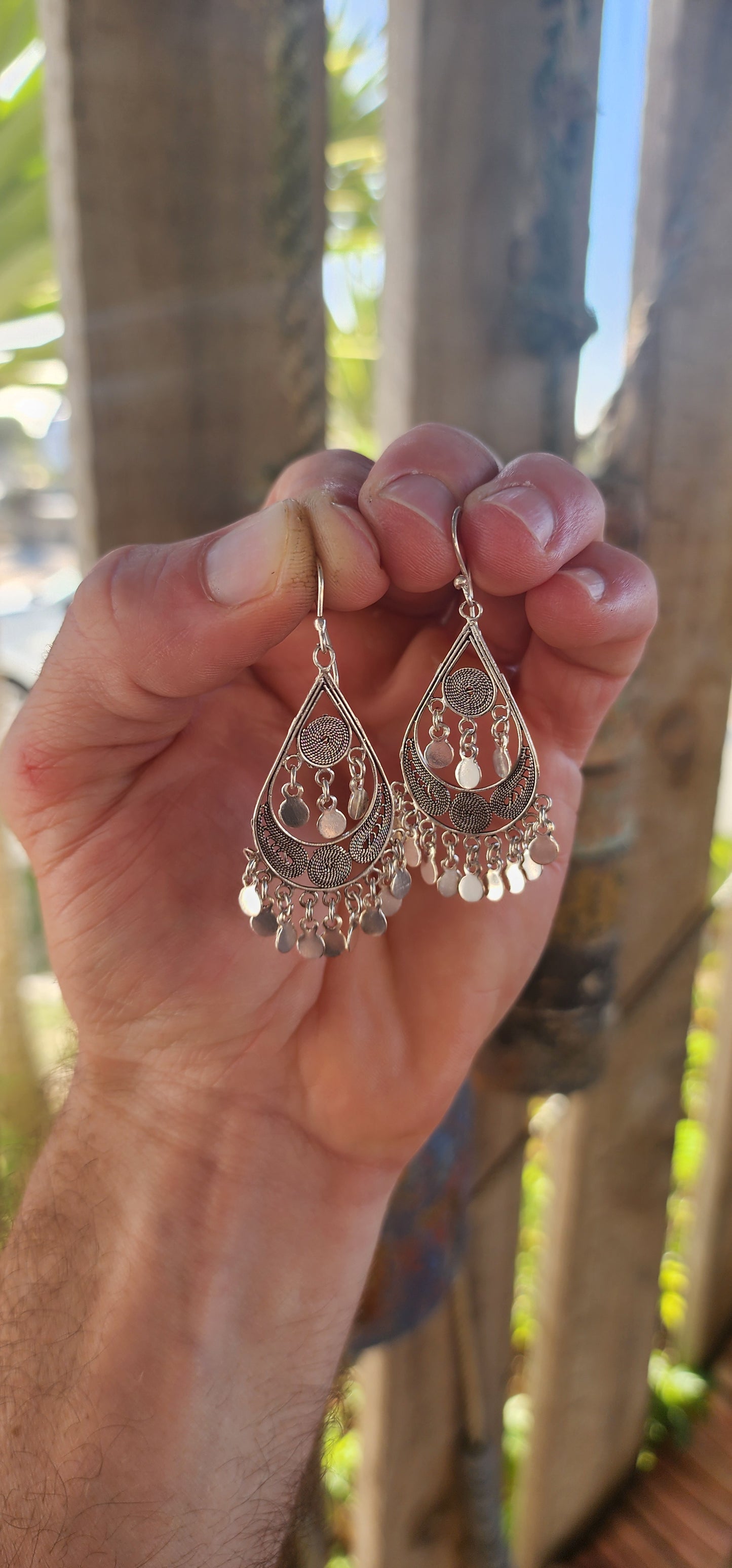 A dreamy pair of vintage ethnic-inspired bohemian sterling silver drop earrings — light, musical and full of that wanderlust gypsy energy.