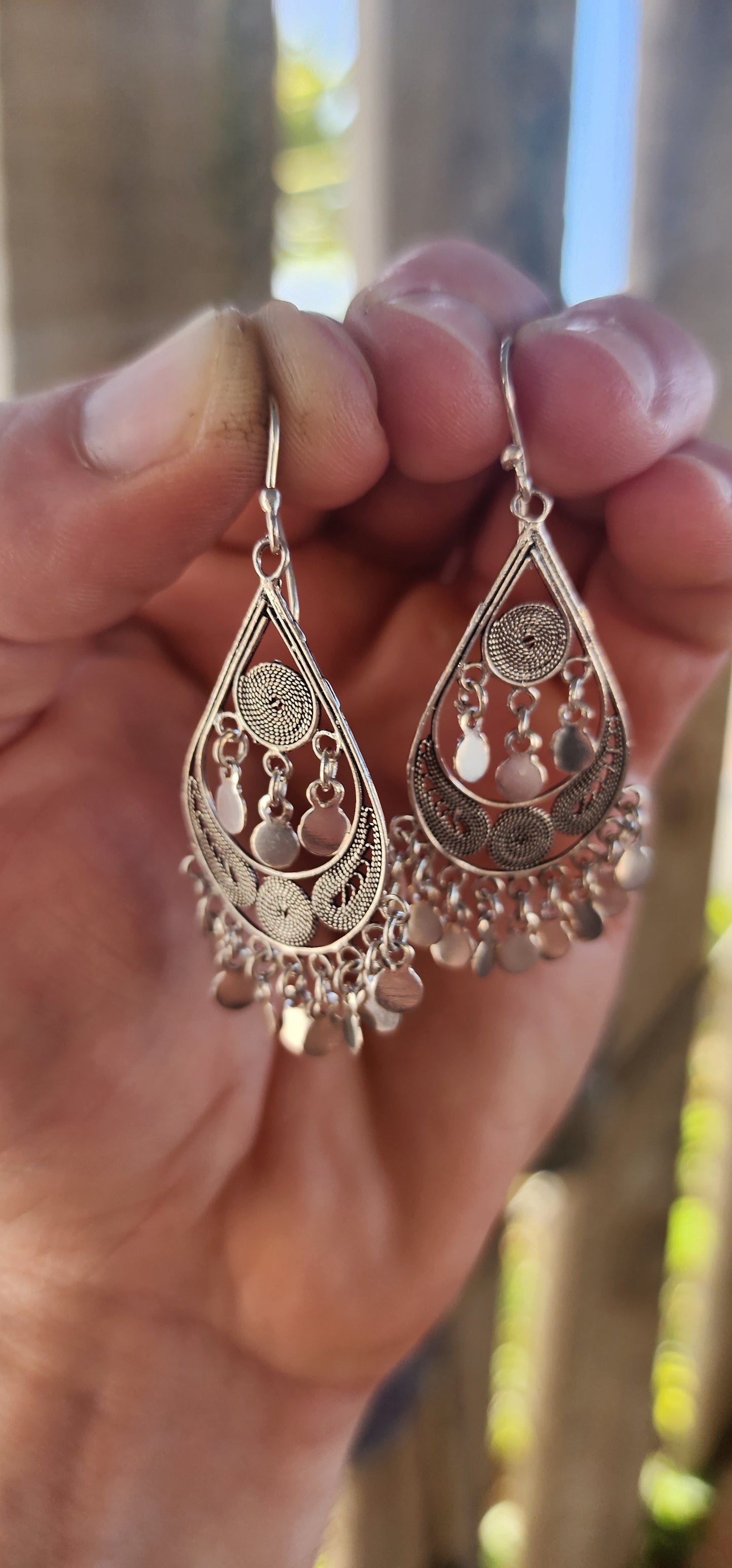 A dreamy pair of vintage ethnic-inspired bohemian sterling silver drop earrings — light, musical and full of that wanderlust gypsy energy.