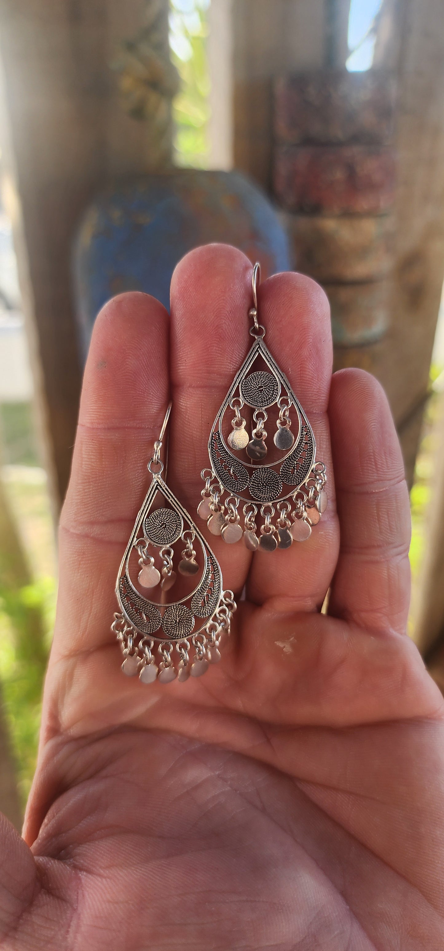A dreamy pair of vintage ethnic-inspired bohemian sterling silver drop earrings — light, musical and full of that wanderlust gypsy energy.