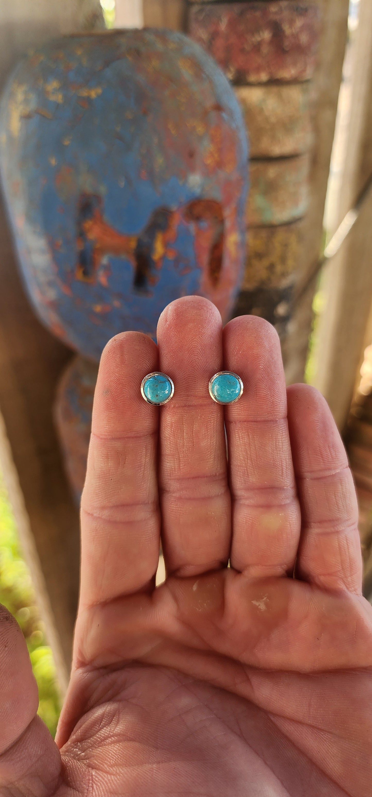 These gorgeous unisex sterling silver stud earrings feature perfectly round turquoise cabochons, beautifully tube / bezel set in sleek polished sterling silver.