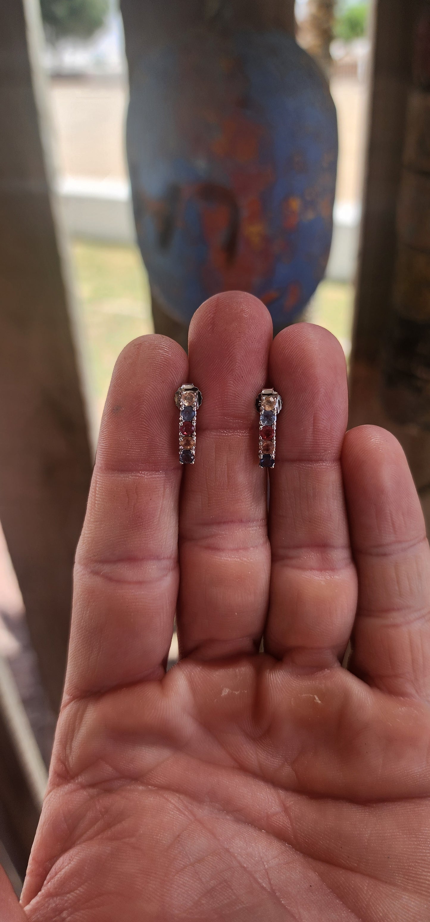 Multicolour Sapphire Linear Stud Earrings.