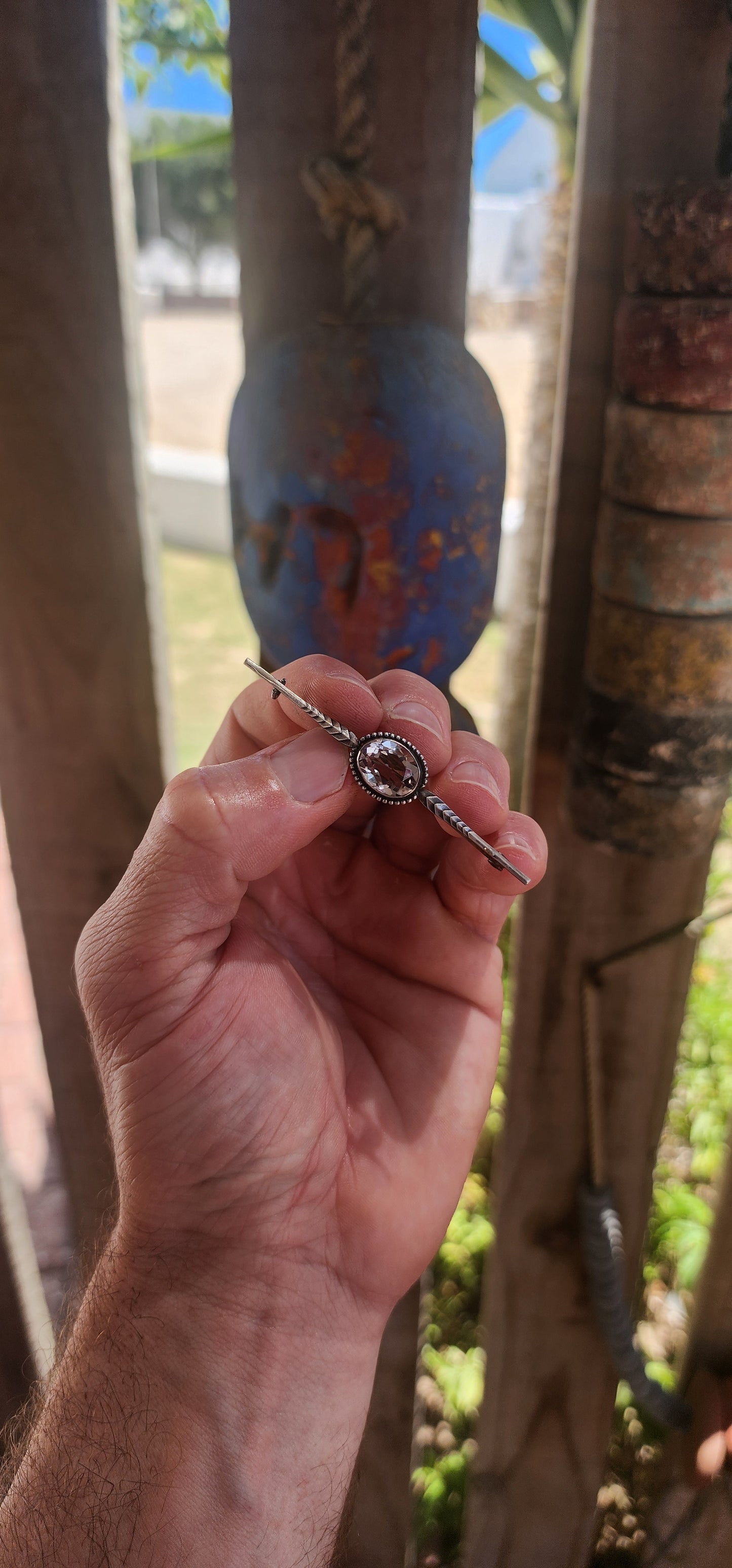 Art Deco Era Sterling Silver Quartz Bar Brooch.