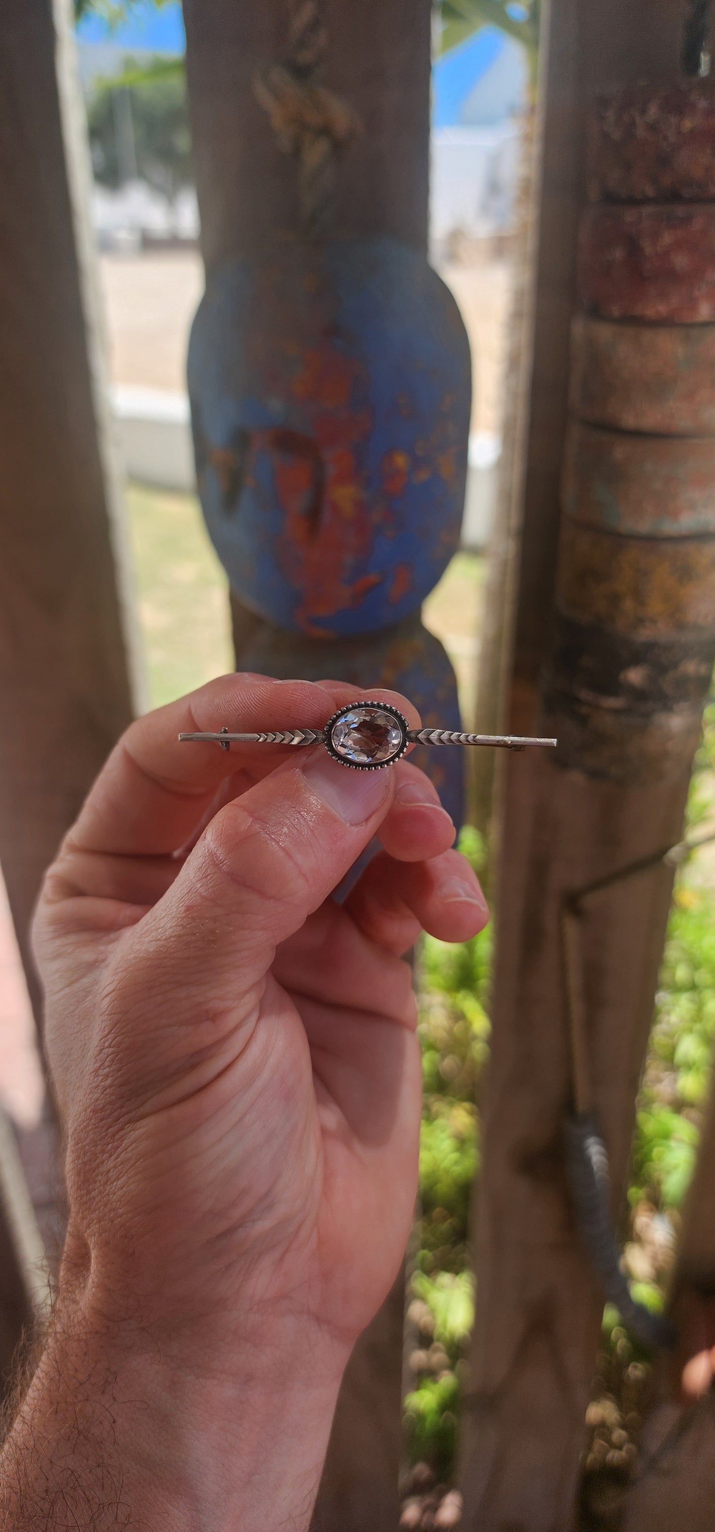 Art Deco Era Sterling Silver Quartz Bar Brooch.