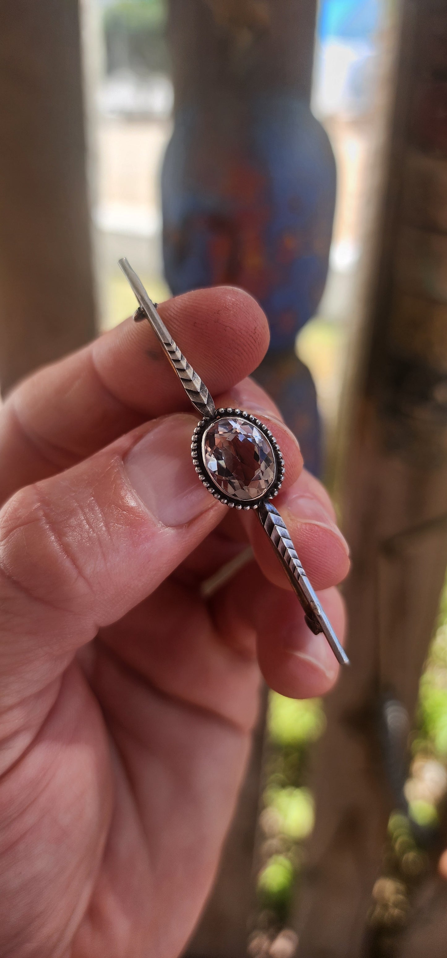 Art Deco Era Sterling Silver Quartz Bar Brooch.