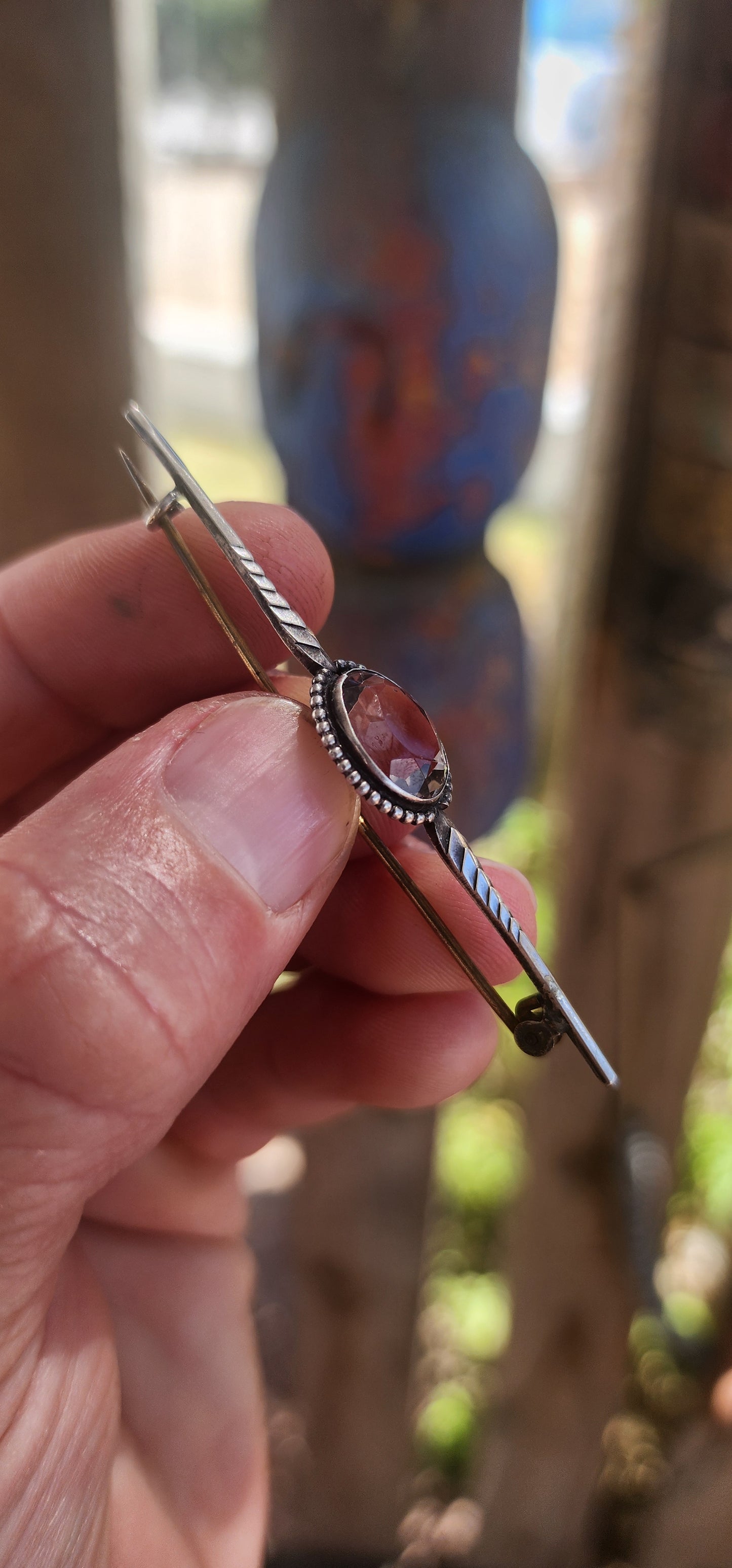 Art Deco Era Sterling Silver Quartz Bar Brooch.
