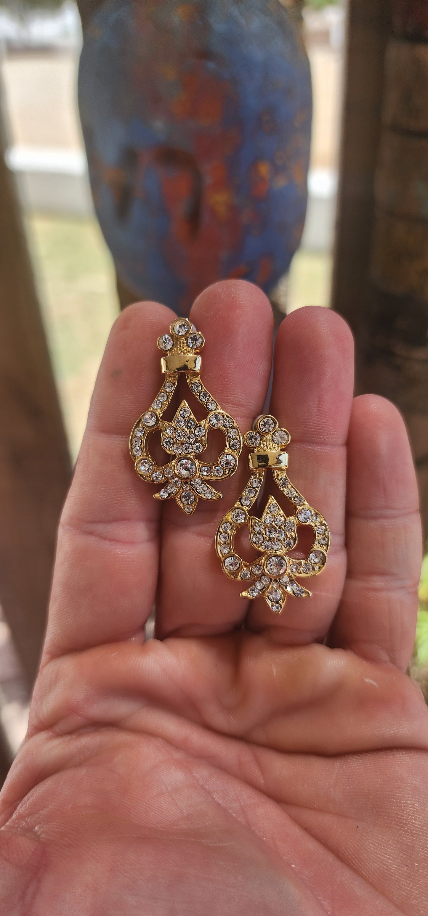 A beautiful pair of vintage costume designer earrings by Dick & Co., known for producing elegant, high-quality costume jewellery pieces with a strong focus on sparkle and m design.