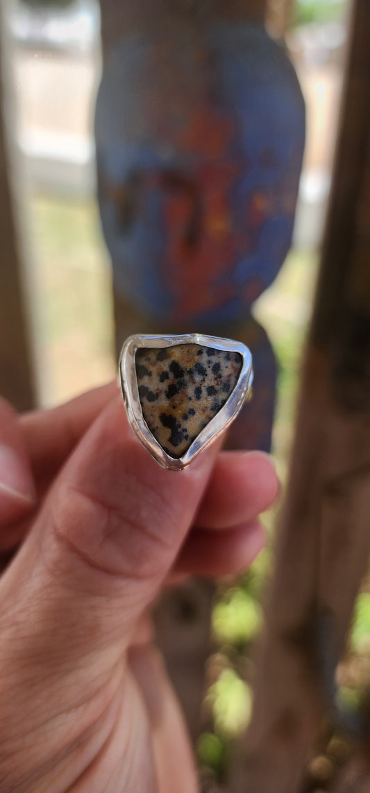 A striking artisan-made sterling silver dress ring, designed around a beautifully irregular, organically shaped Dalmatian Jasper cabochon.