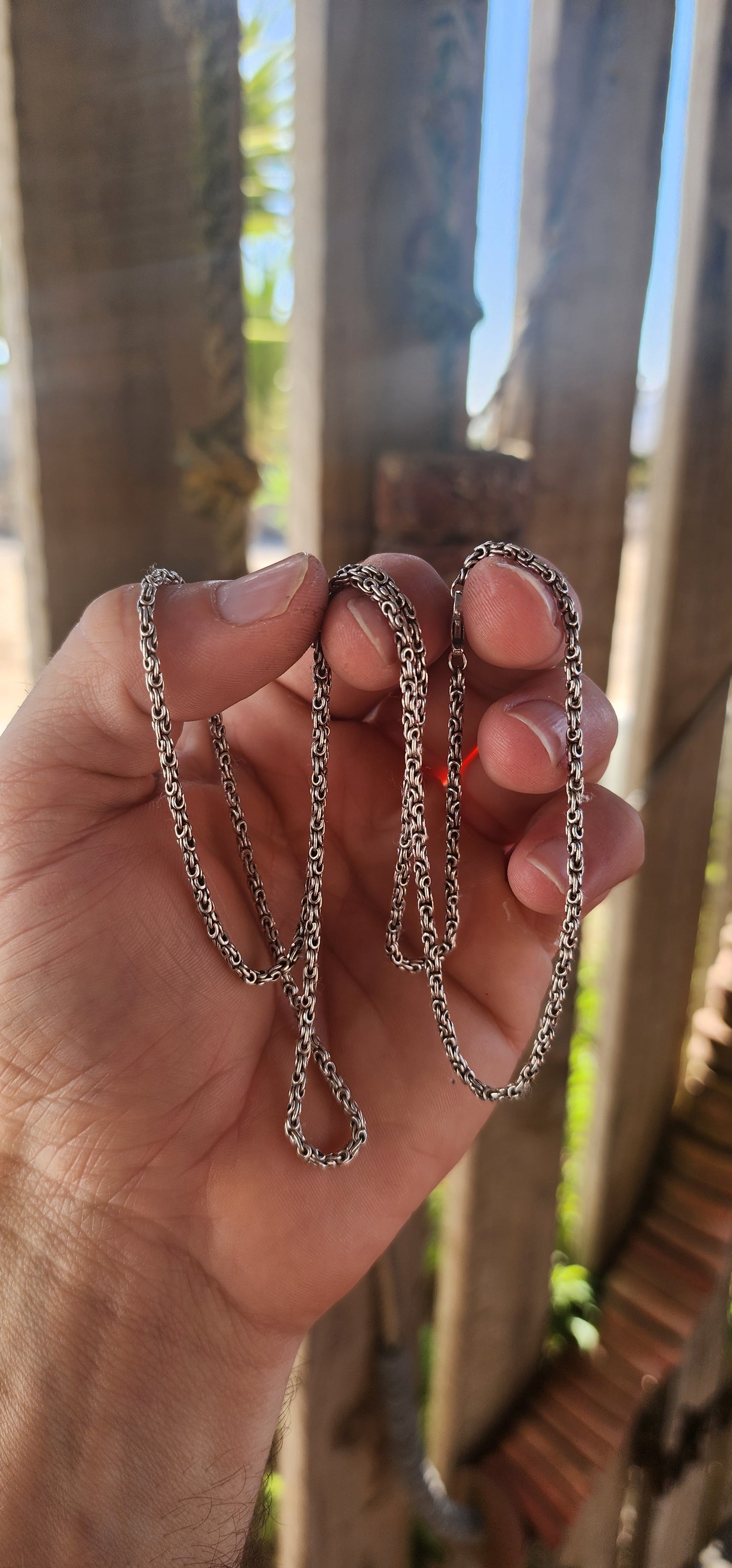 A marvelous vintage, extra-length solid sterling silver chain crafted in the intricate King’s Byzantine link, one of the most complex and visually rich chain designs in jewellery history.