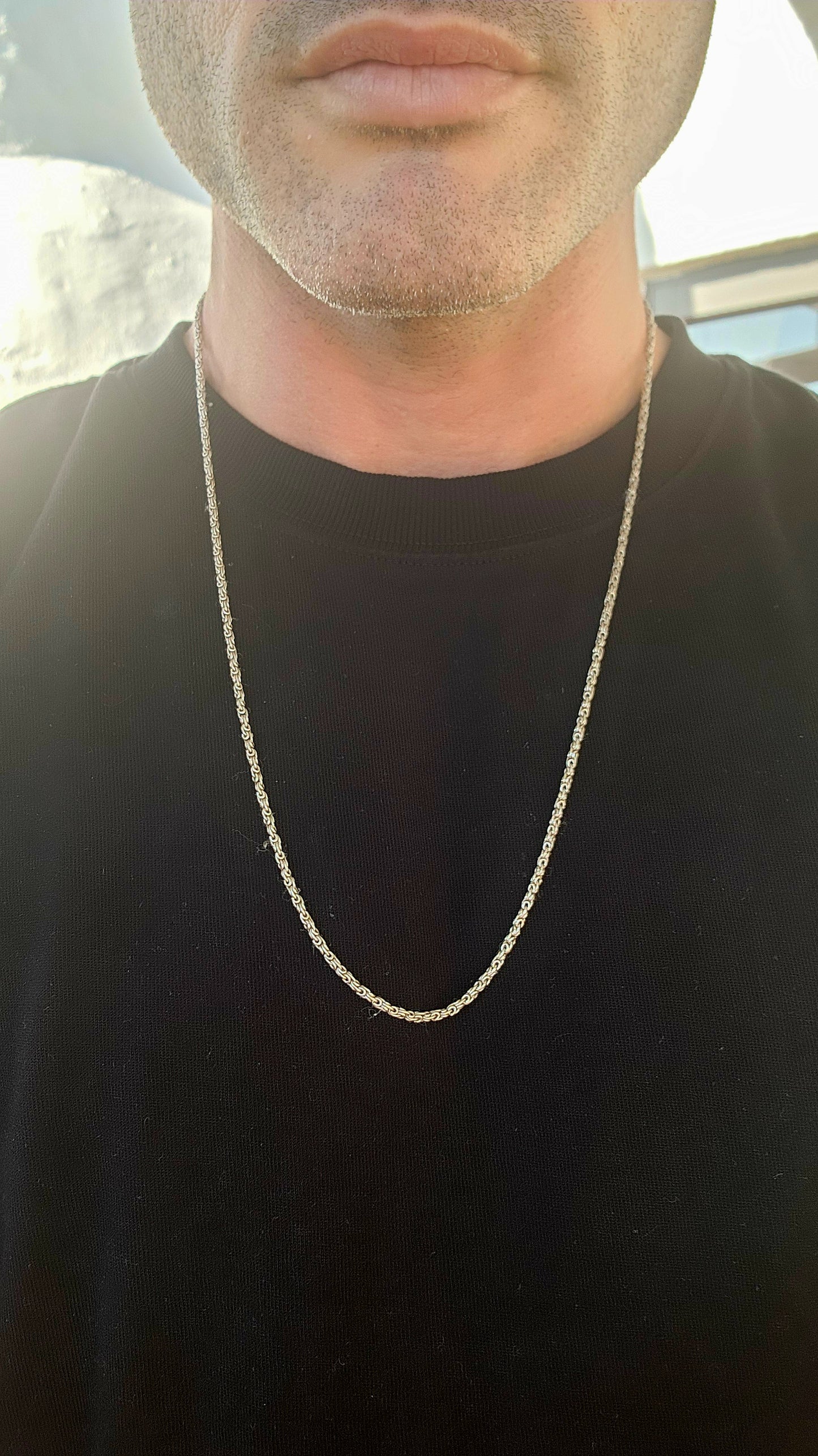 A marvelous vintage, extra-length solid sterling silver chain crafted in the intricate King’s Byzantine link, one of the most complex and visually rich chain designs in jewellery history.