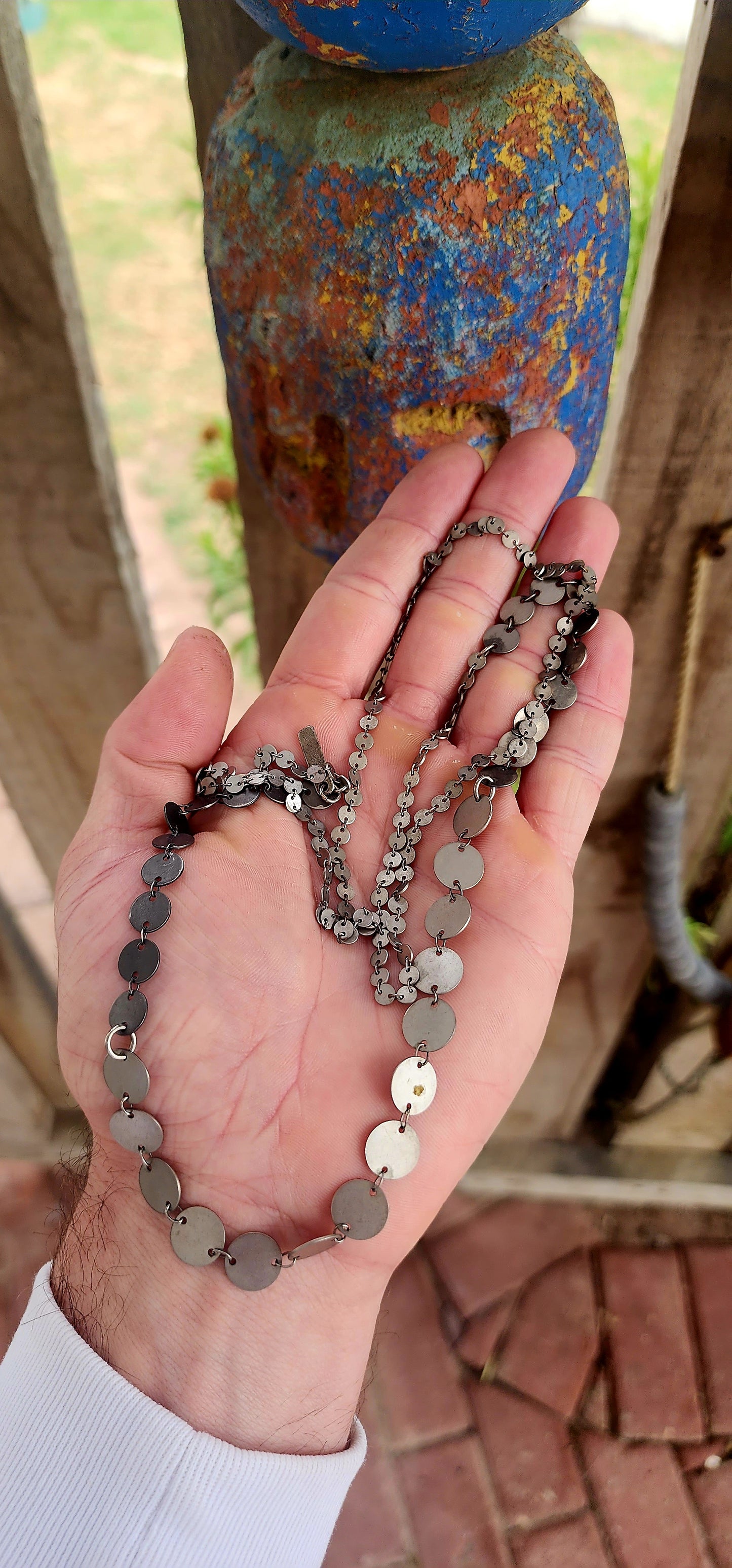 This unusual extra-length designer necklace is crafted by renowned Israeli jewellery designer Hagar Satat — known for her architectural, industrial-inspired pieces that balance femininity with raw structure.