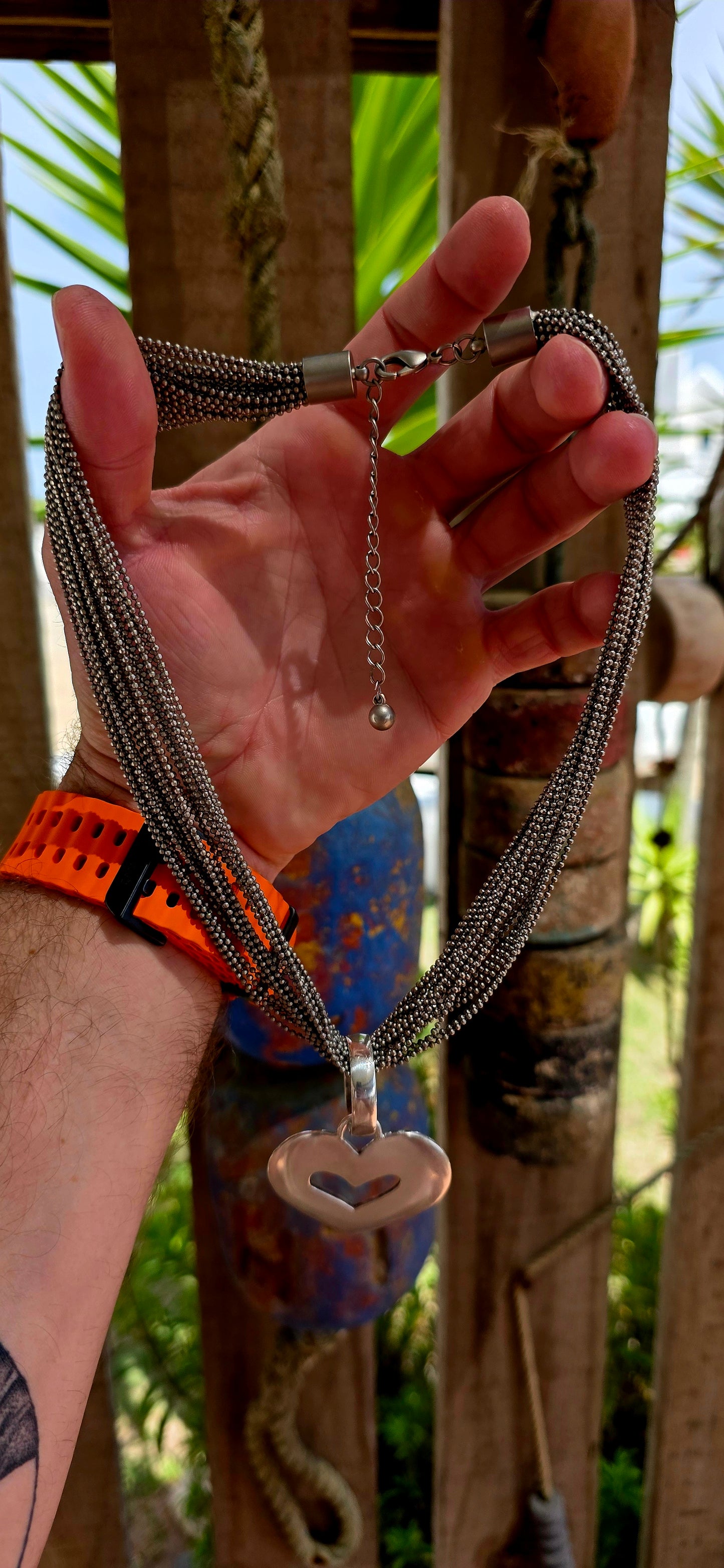 Chunky Multi-Ball Link Chain with Oversized Sterling Silver Heart.