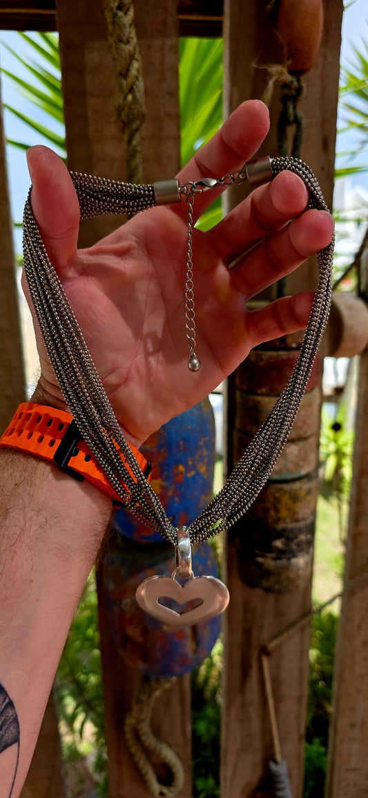 Chunky Multi-Ball Link Chain with Oversized Sterling Silver Heart.