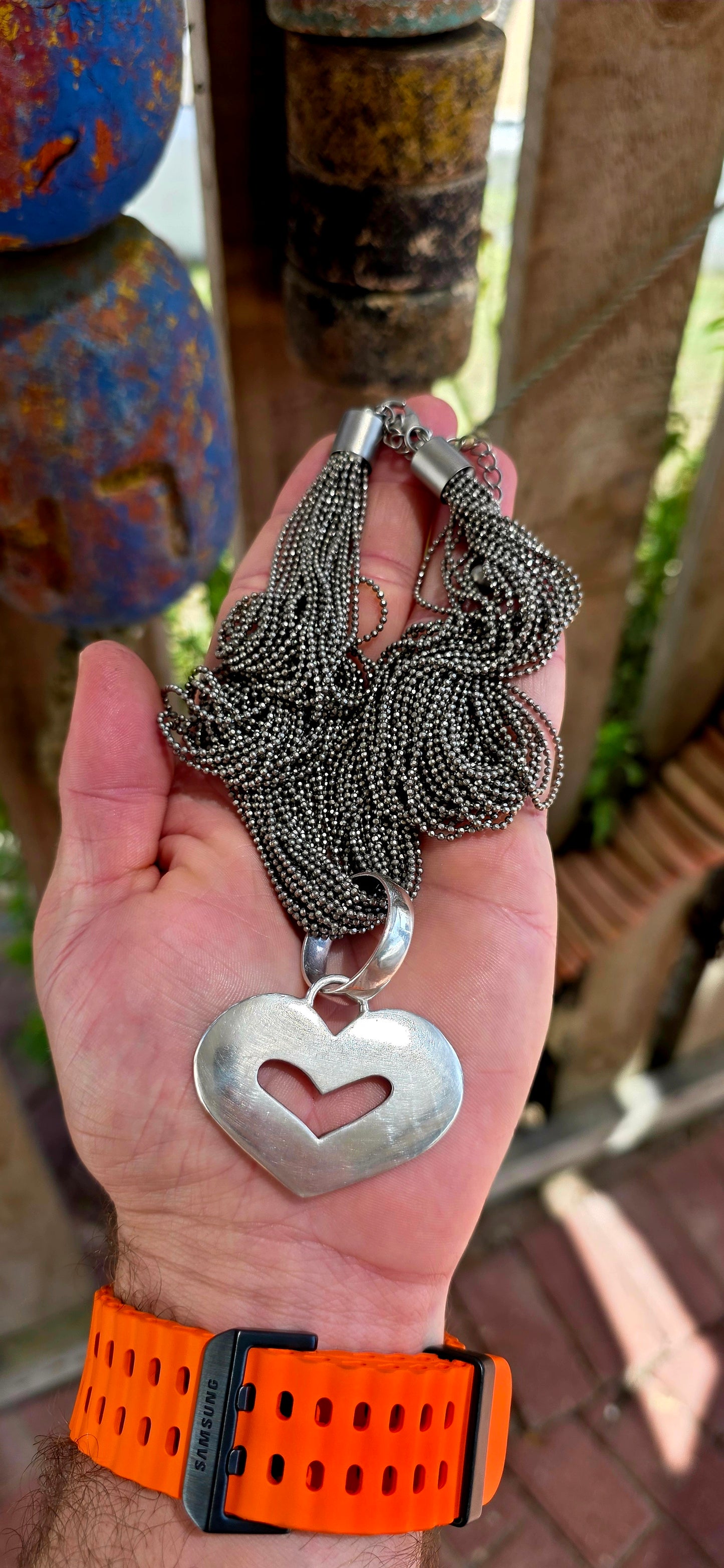 Chunky Multi-Ball Link Chain with Oversized Sterling Silver Heart.