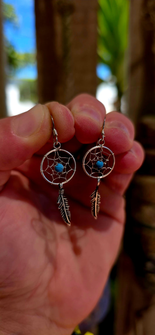 This charming pair of sterling silver earrings is crafted in the shape of miniature dreamcatchers — beautifully detailed in fine wirework to mimic the traditional web design.