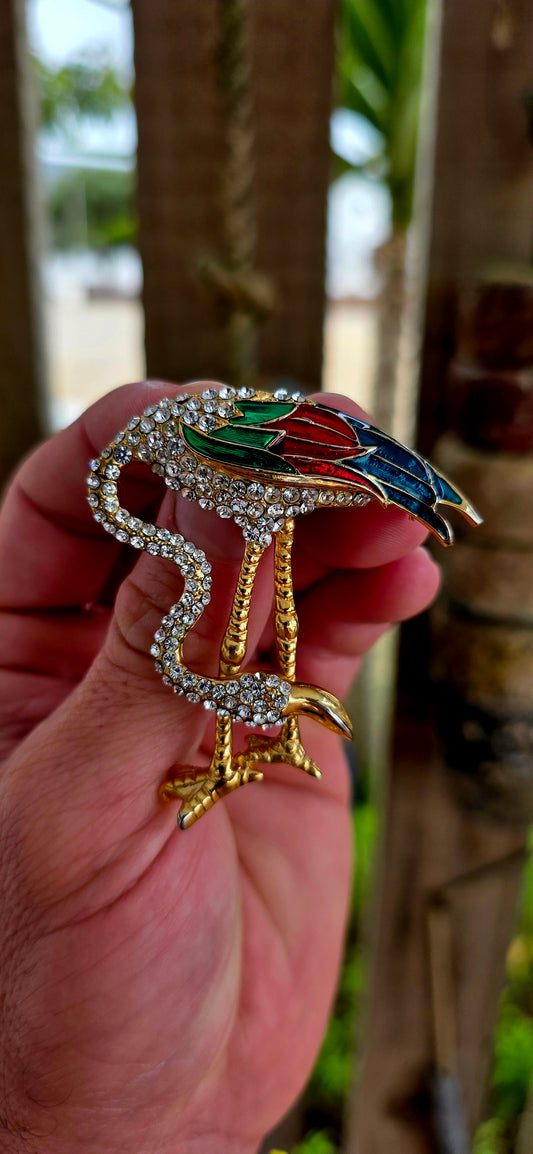 This marvellous and generously sized vintage flamingo brooch was created by renowned costume jewellery house D'Orlan during the circa 1980s, a period when the brand produced some of its most vibrant and sculptural statement pieces.