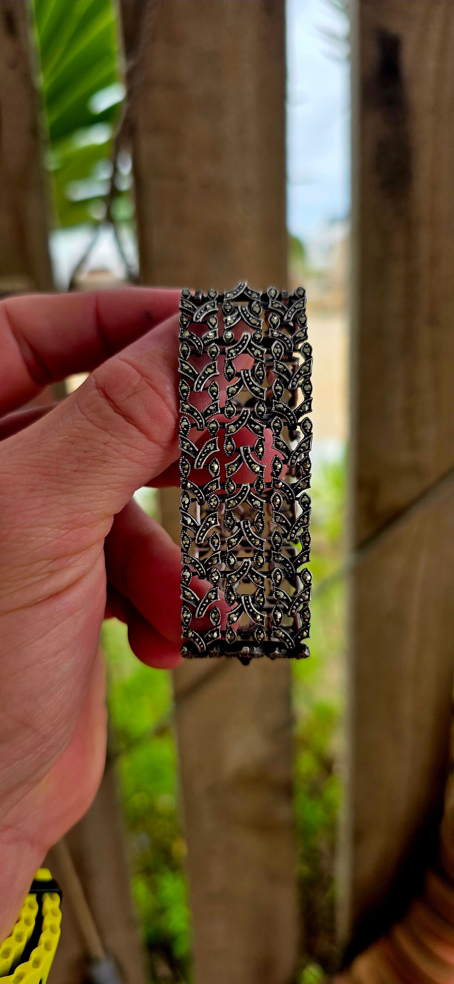 A marvellous and exceptionally beautiful antique bracelet dating to the glamorous Art Deco era, circa 1920’s, crafted in solid sterling silver and richly decorated with shimmering prong-set marcasites.